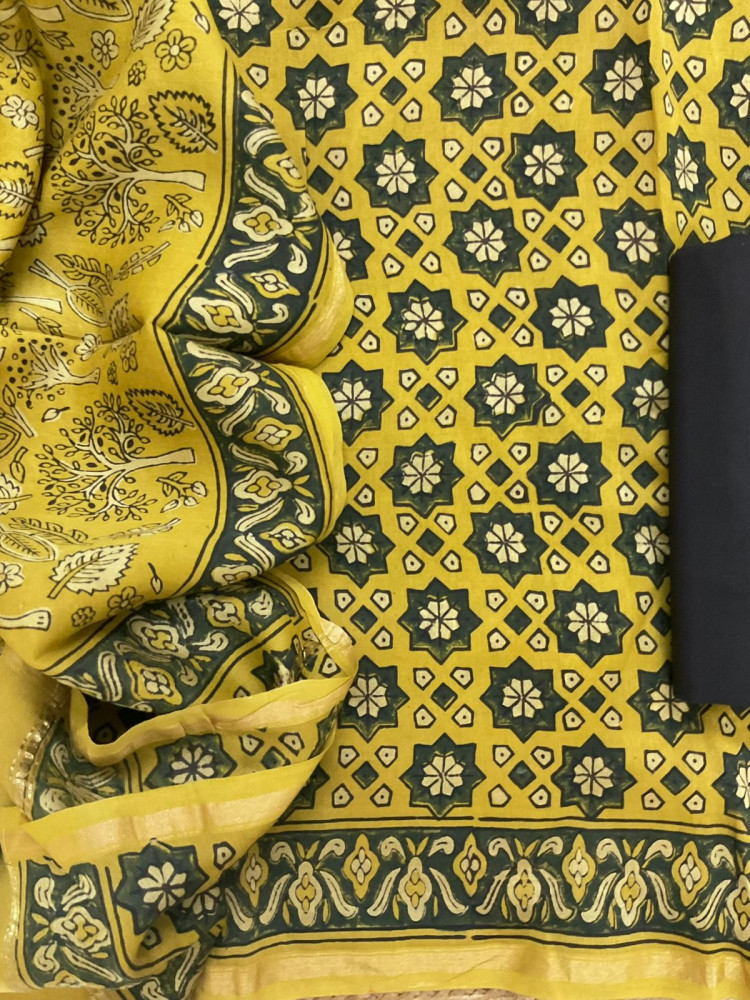 Image of Soft Dola Silk Block Printed Suit - Yellow