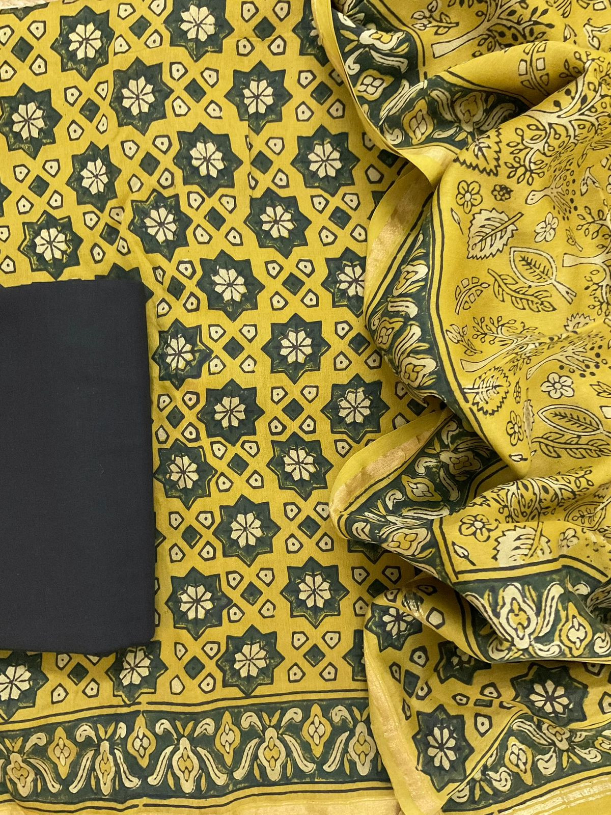 Soft Dola Silk Block Printed Suit - Yellow