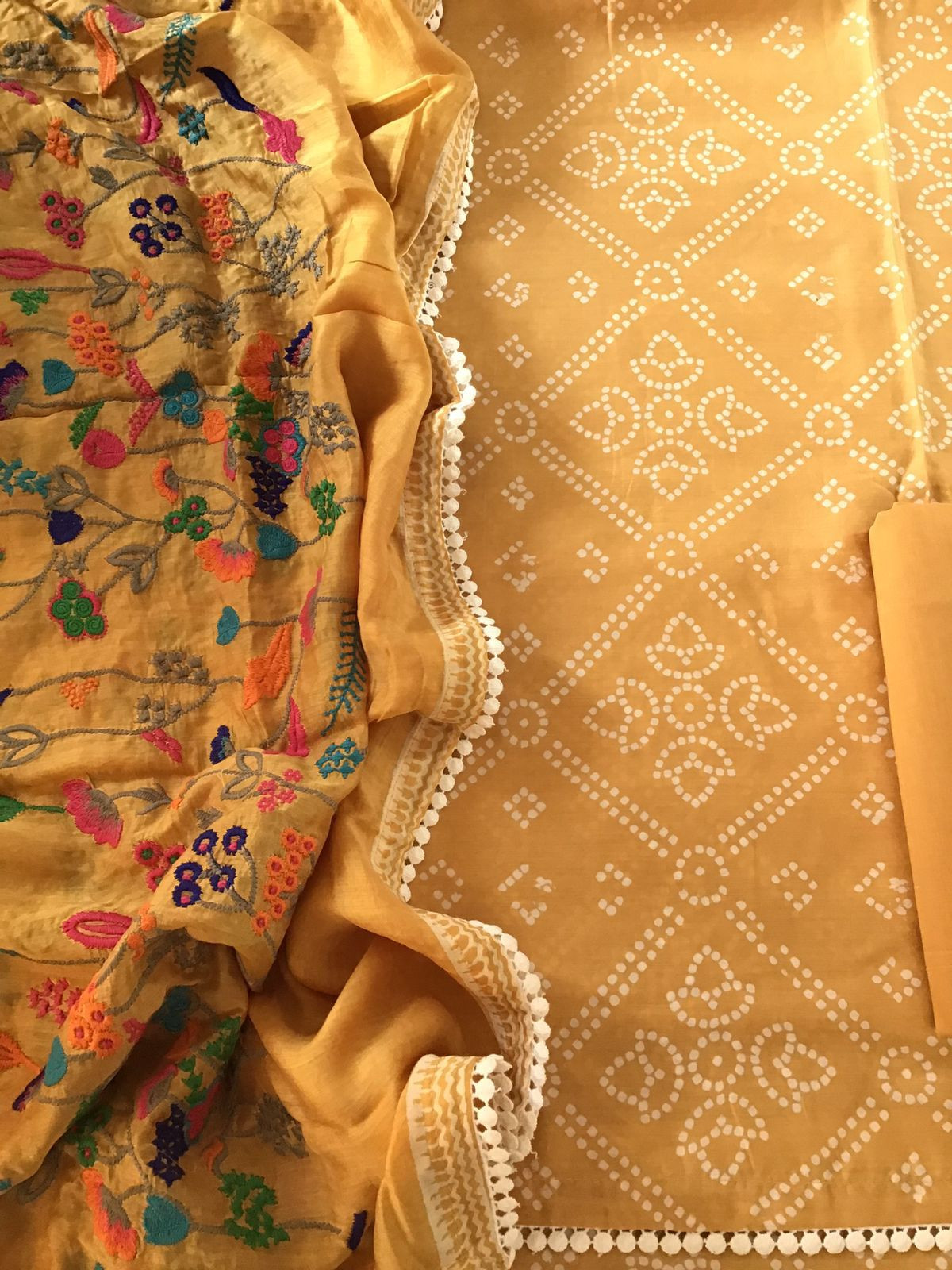 Pure Muslin Silk Printed Embroidered Suit - Mustard
