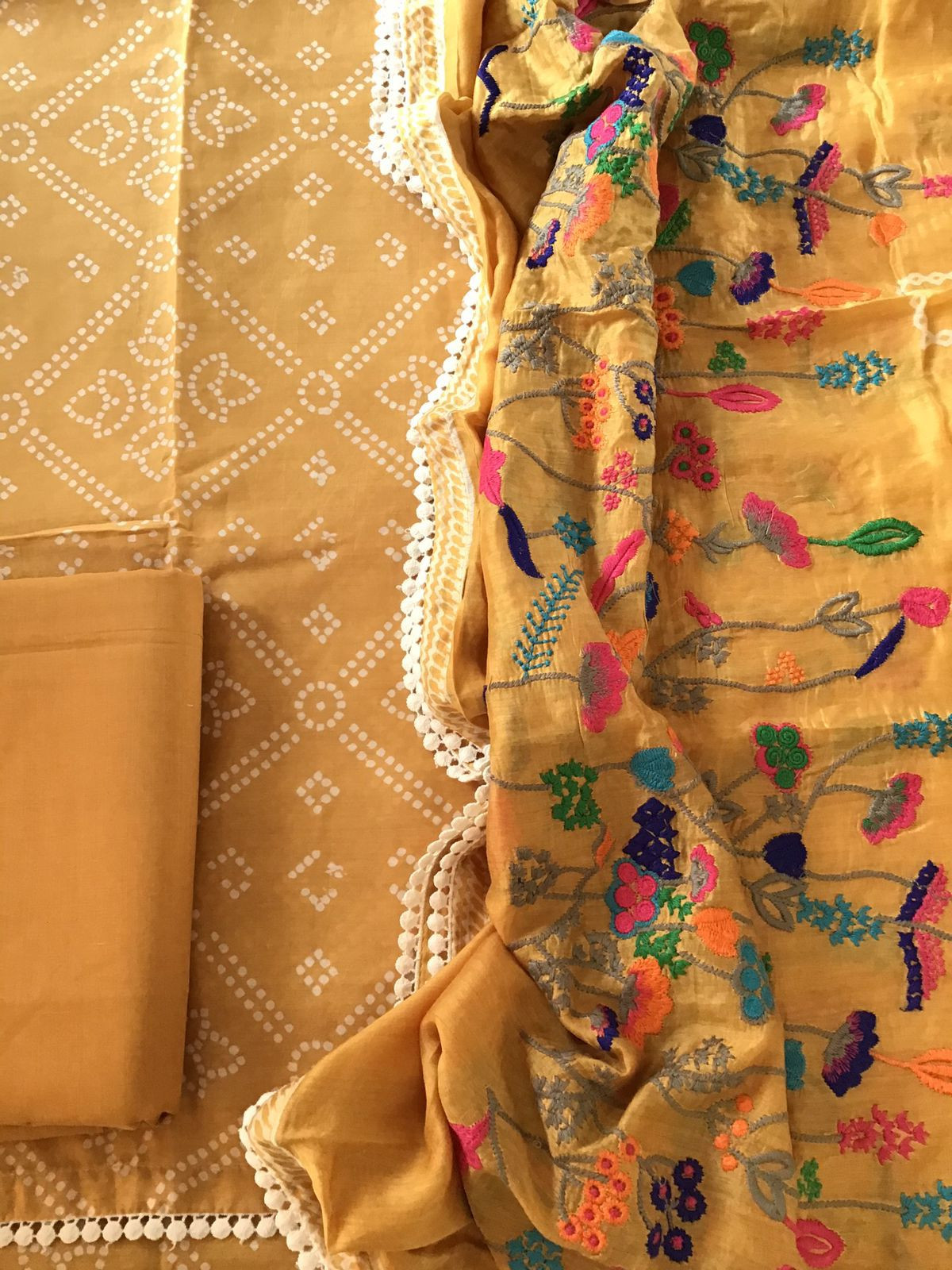 Pure Muslin Silk Printed Embroidered Suit - Mustard