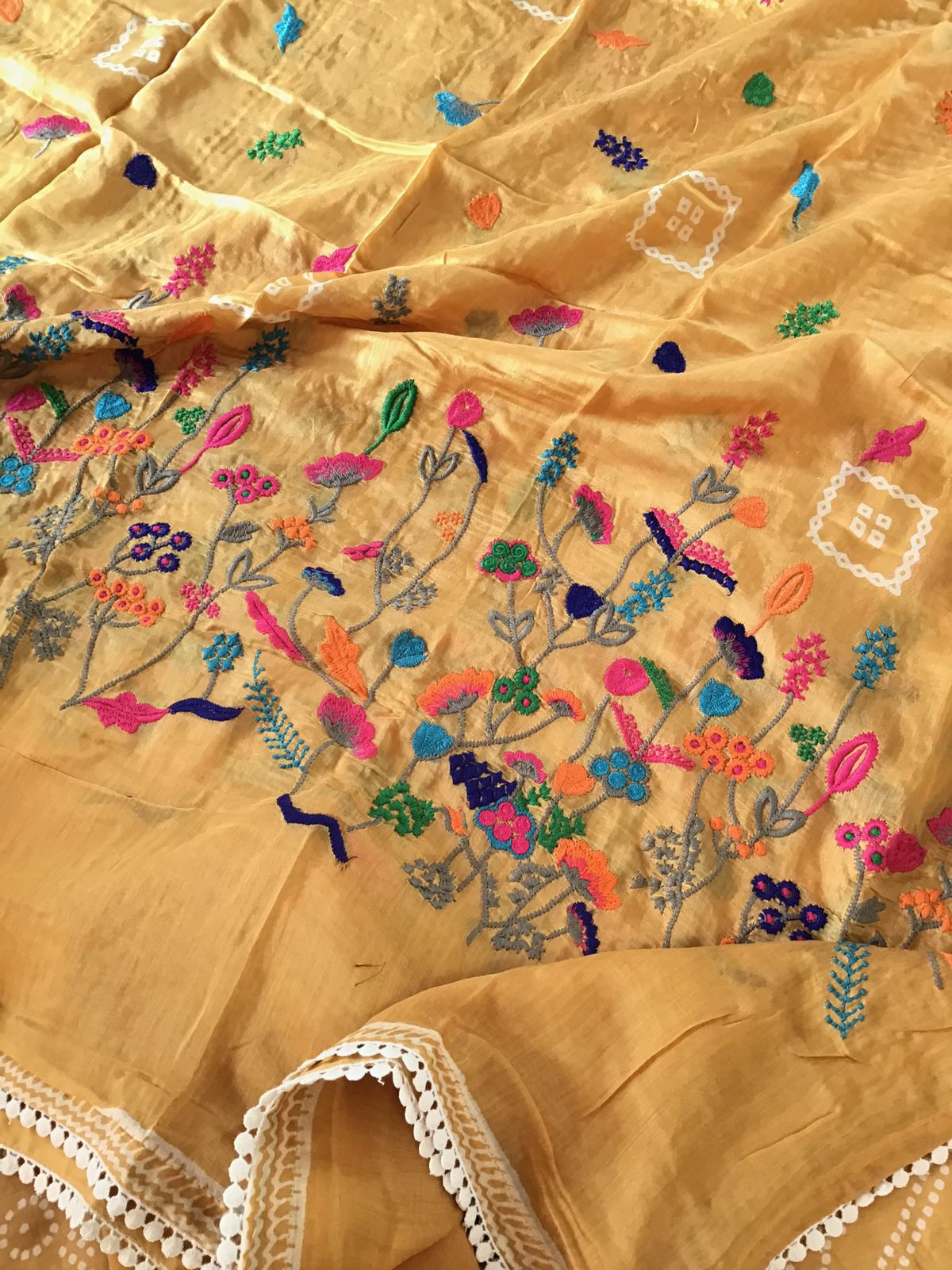 Pure Muslin Silk Printed Embroidered Suit - Mustard