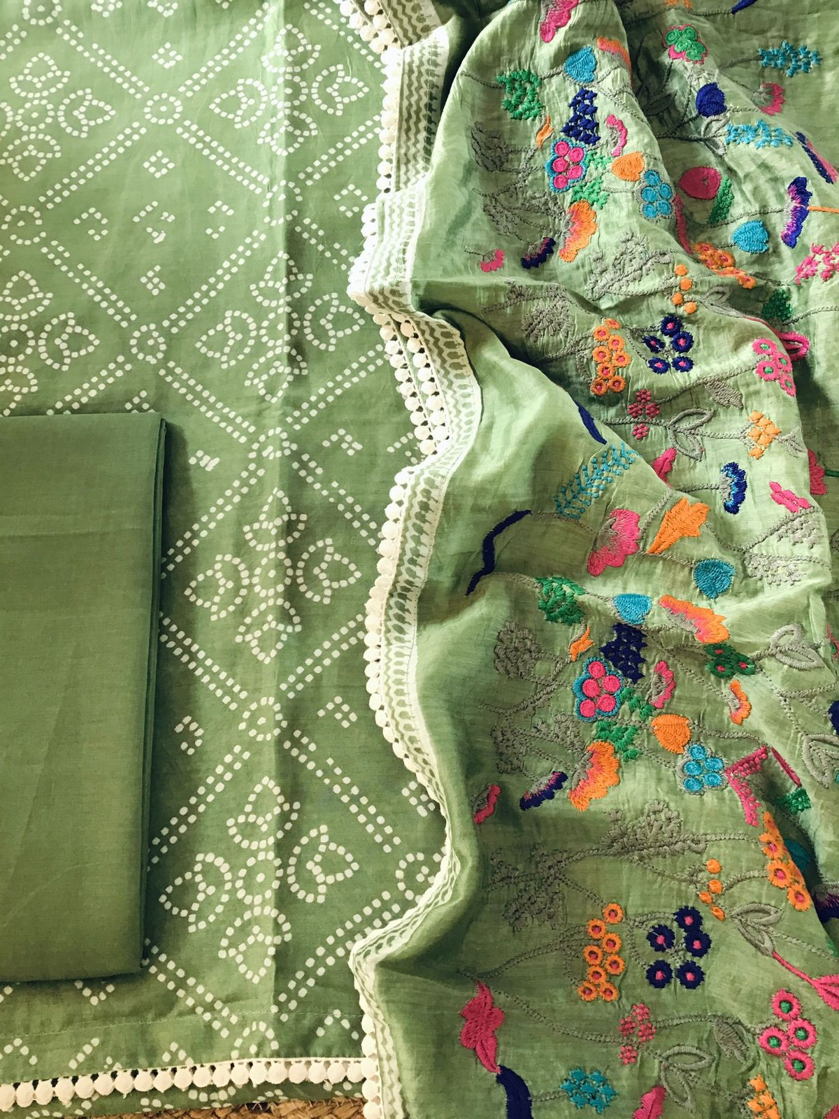 Pure Muslin Silk Printed Embroidered Suit - Green