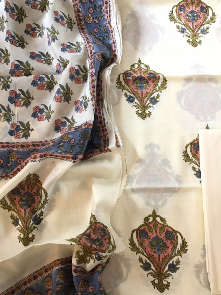 Image of Soft Fine Muslin Silk Printed Suit - Cream