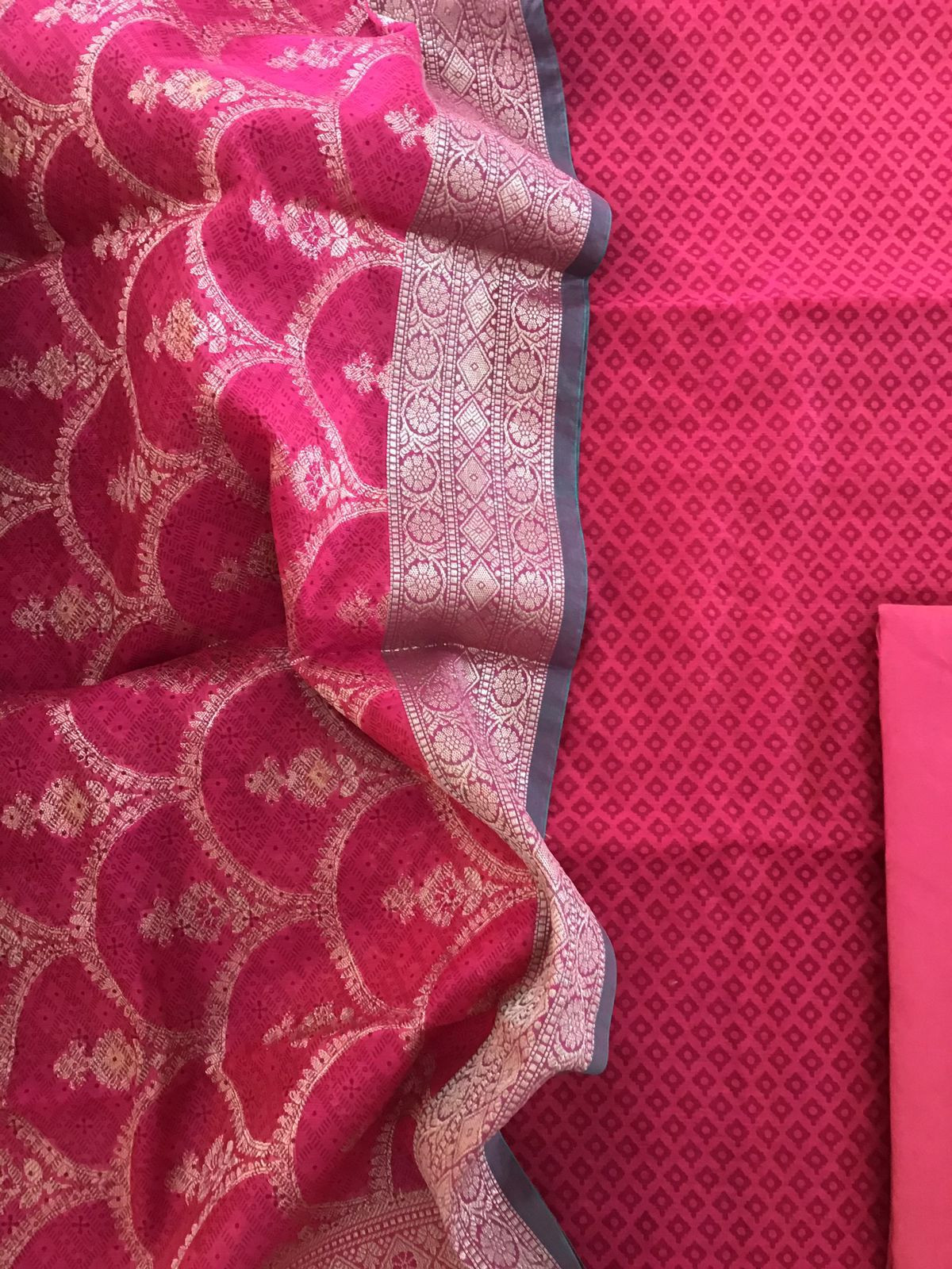 Soft Chanderi Printed Banarasi Weaved Suit - Pink