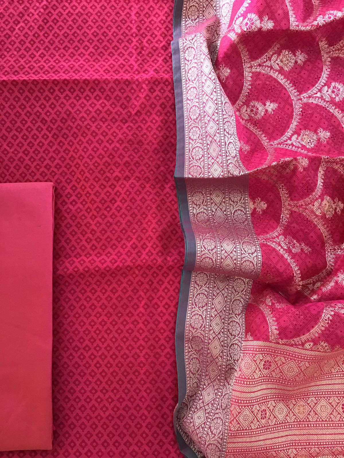 Soft Chanderi Printed Banarasi Weaved Suit - Pink