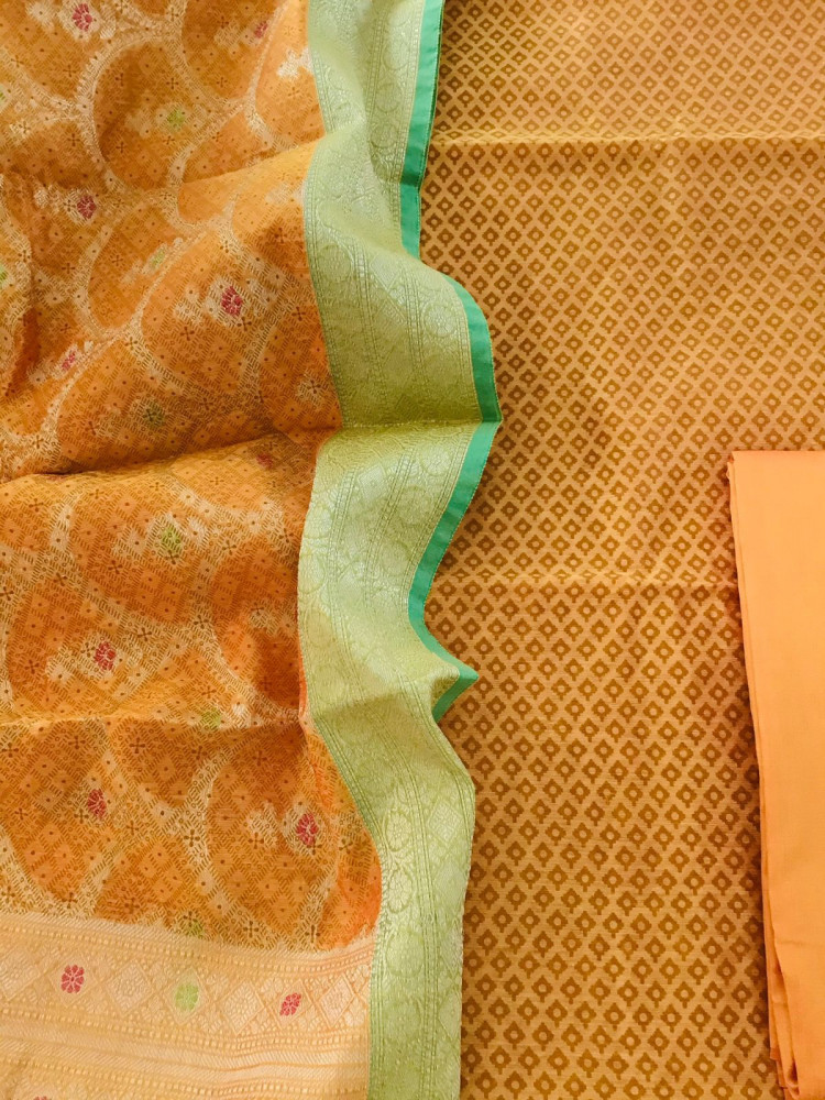 Image of Soft Chanderi Printed Banarasi Weaved Suit - Yellow