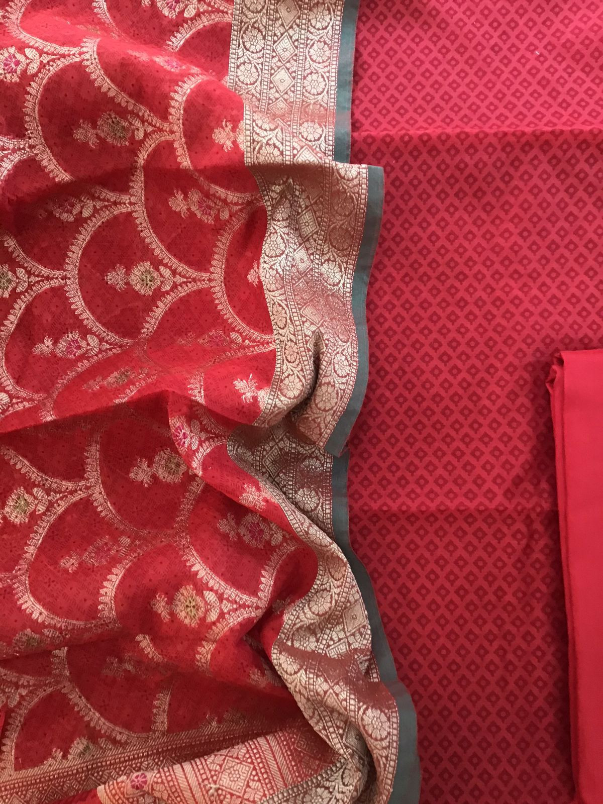 Soft Chanderi Printed Banarasi Weaved Suit - Red