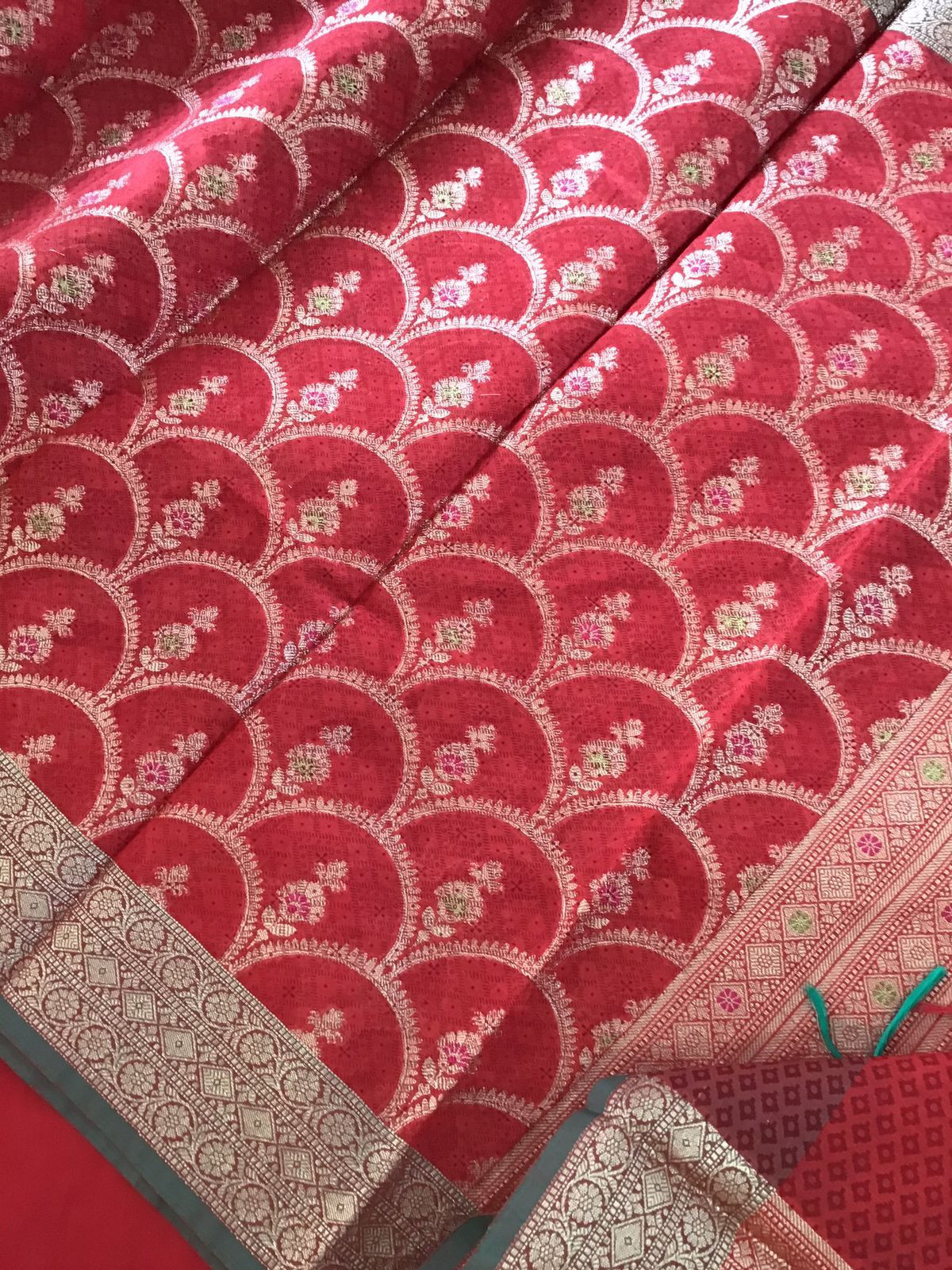 Soft Chanderi Printed Banarasi Weaved Suit - Red