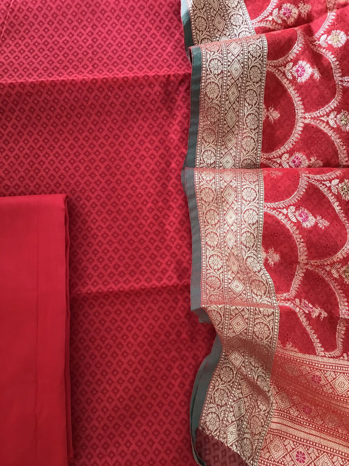 Soft Chanderi Printed Banarasi Weaved Suit - Red
