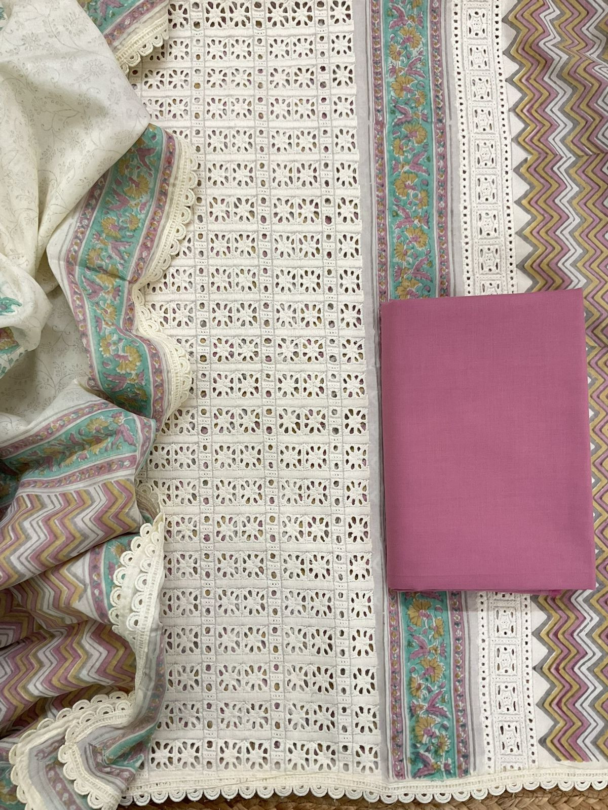 Pure Cotton Printed Embroidered Suit - Cream