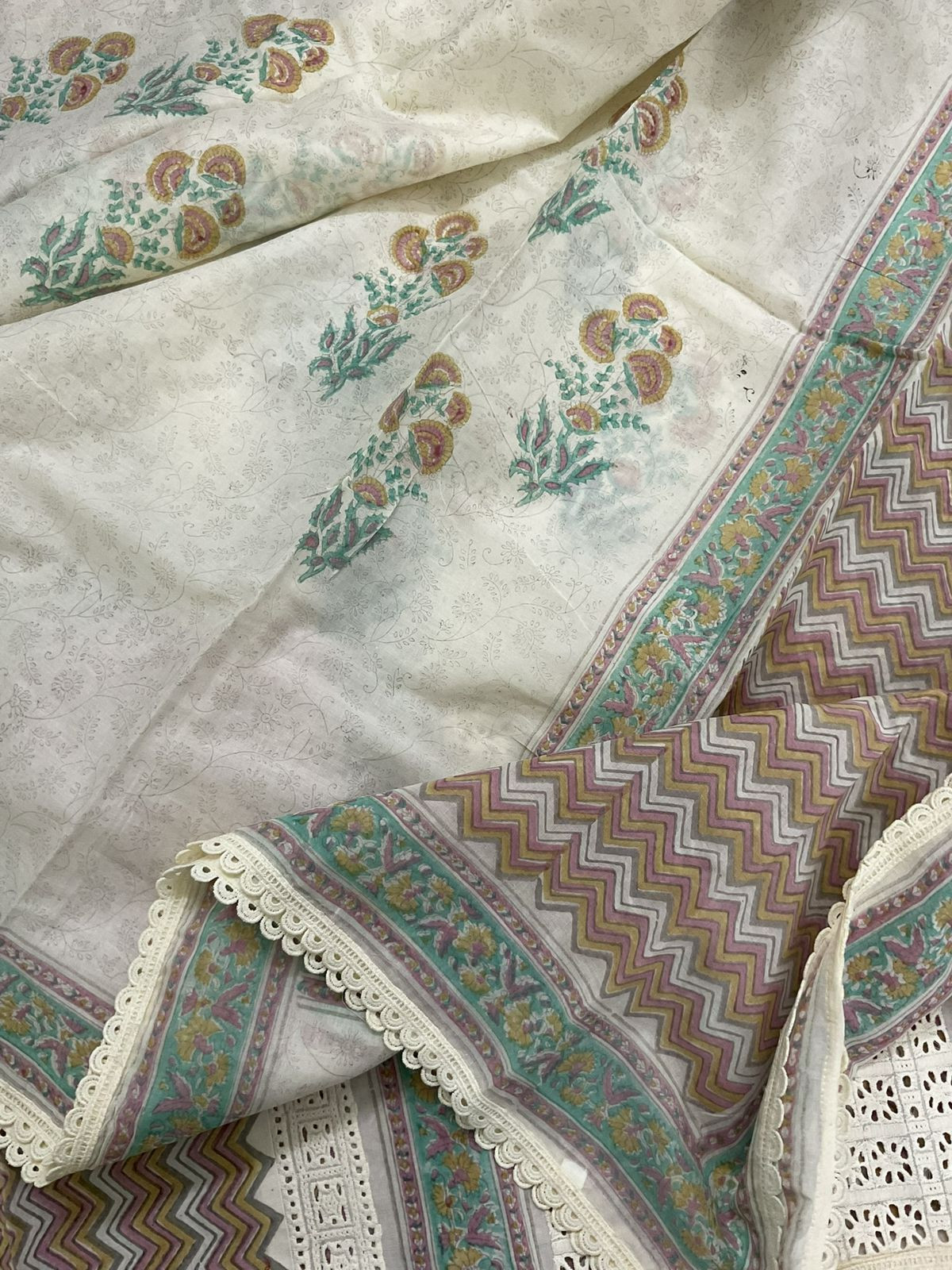 Pure Cotton Printed Embroidered Suit - Cream