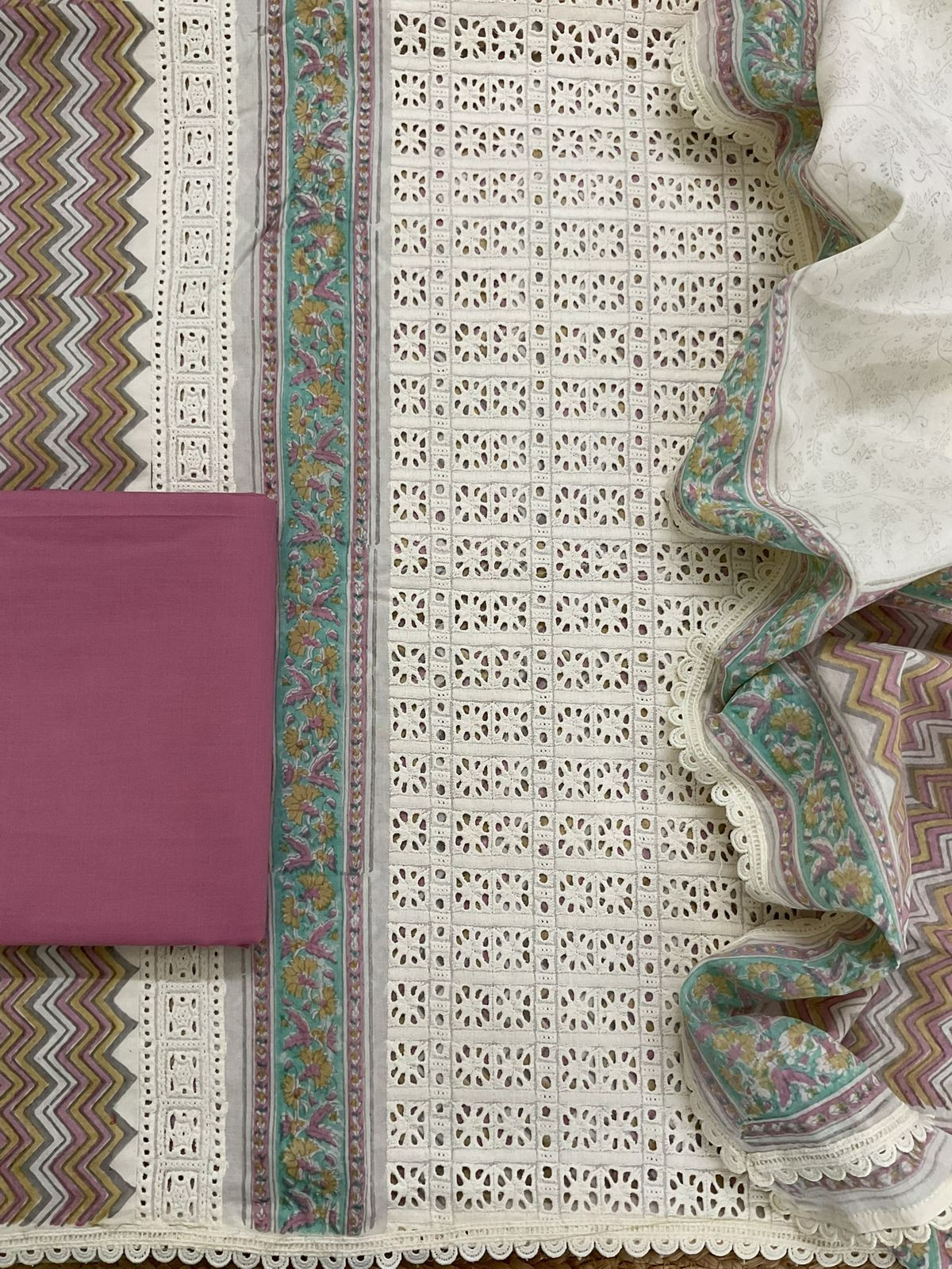 Pure Cotton Printed Embroidered Suit - Cream