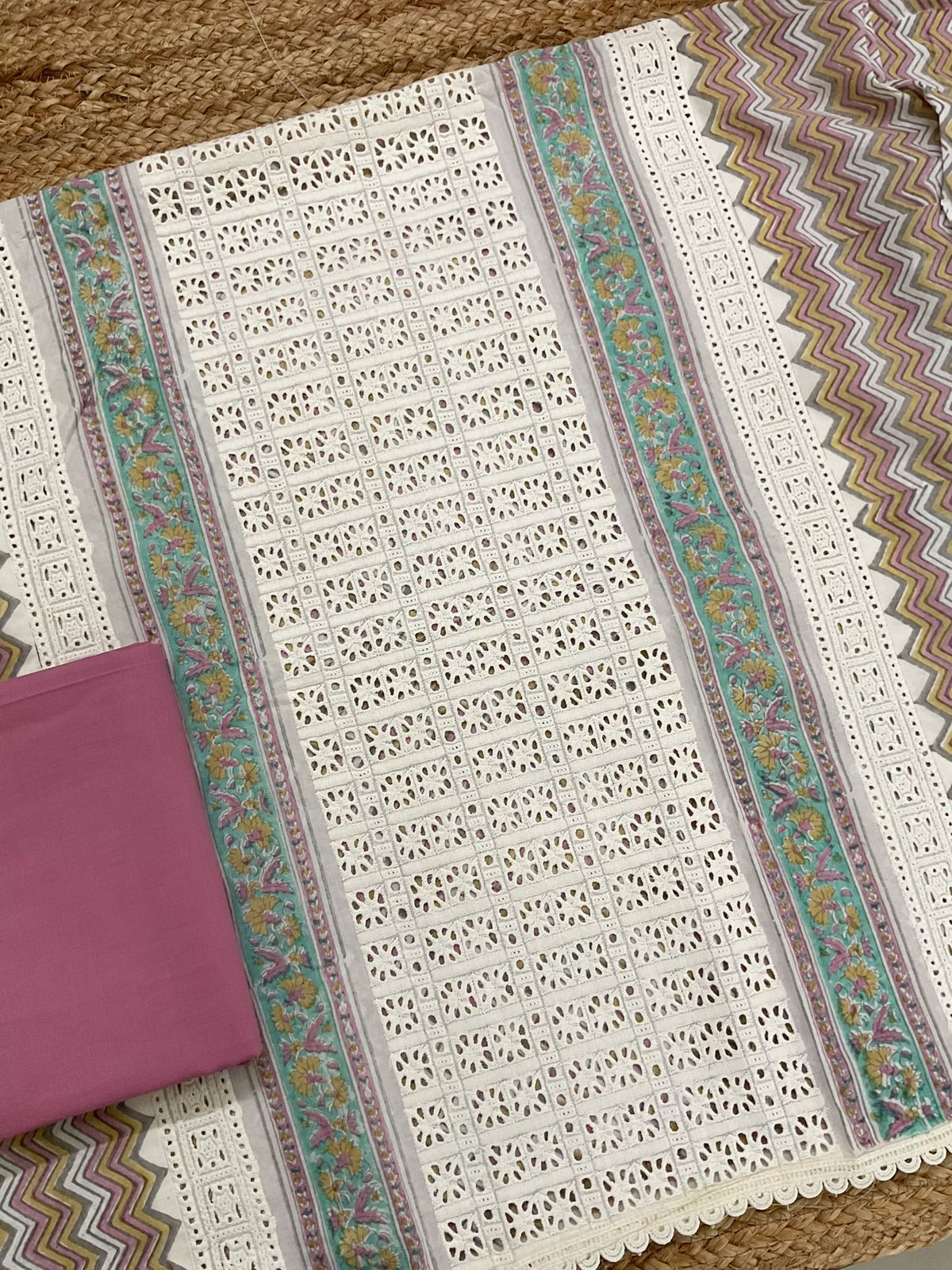 Pure Cotton Printed Embroidered Suit - Cream