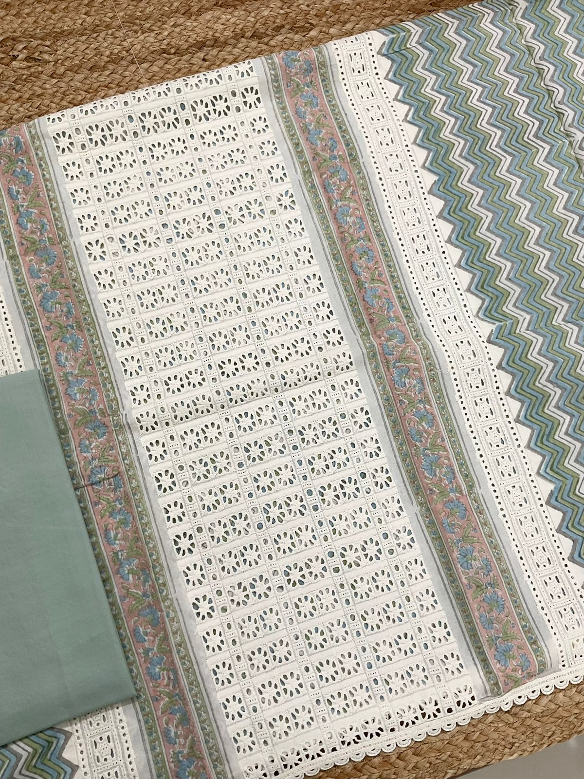 Pure Cotton Printed Embroidered Suit - Cream