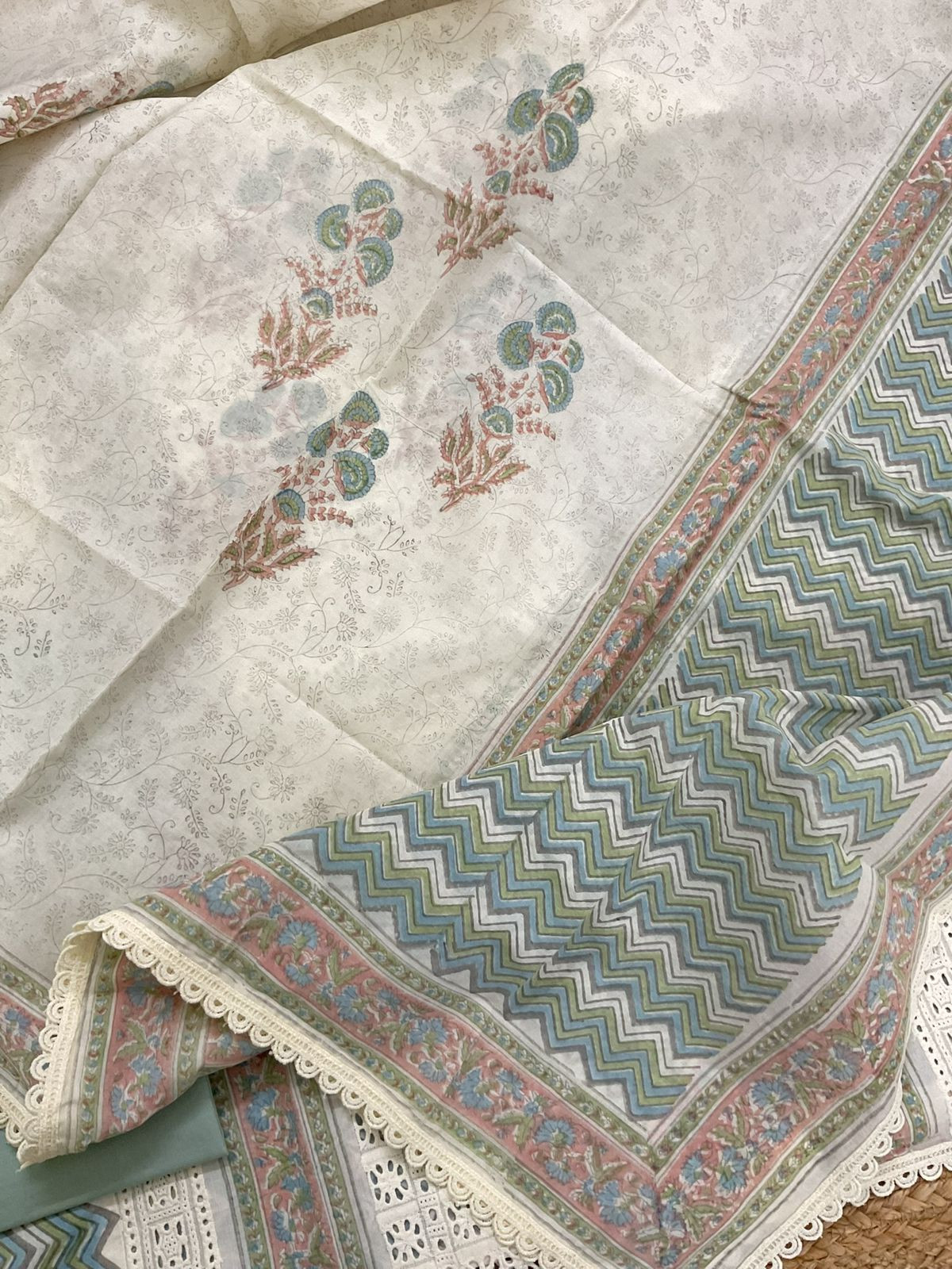 Pure Cotton Printed Embroidered Suit - Cream