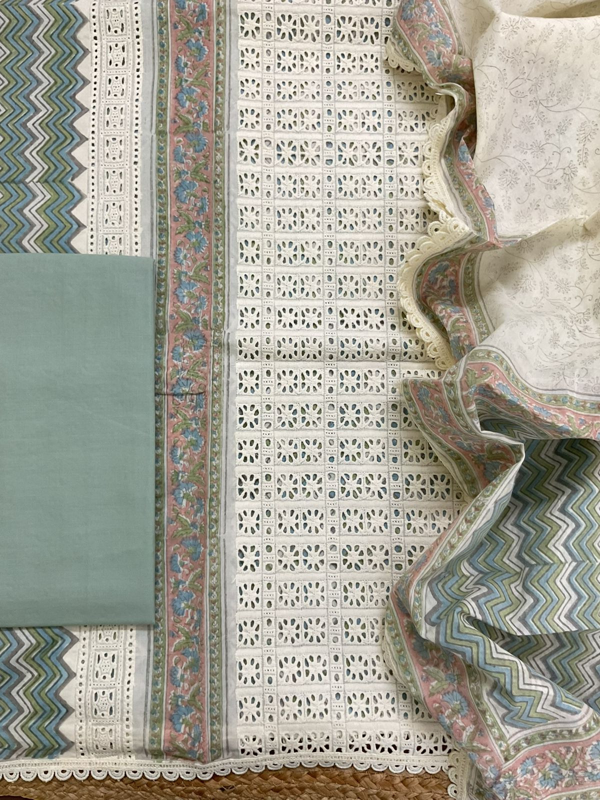 Pure Cotton Printed Embroidered Suit - Cream