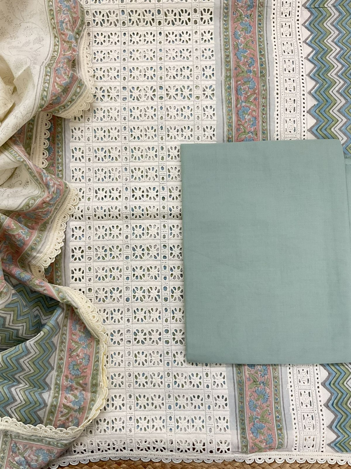 Pure Cotton Printed Embroidered Suit - Cream