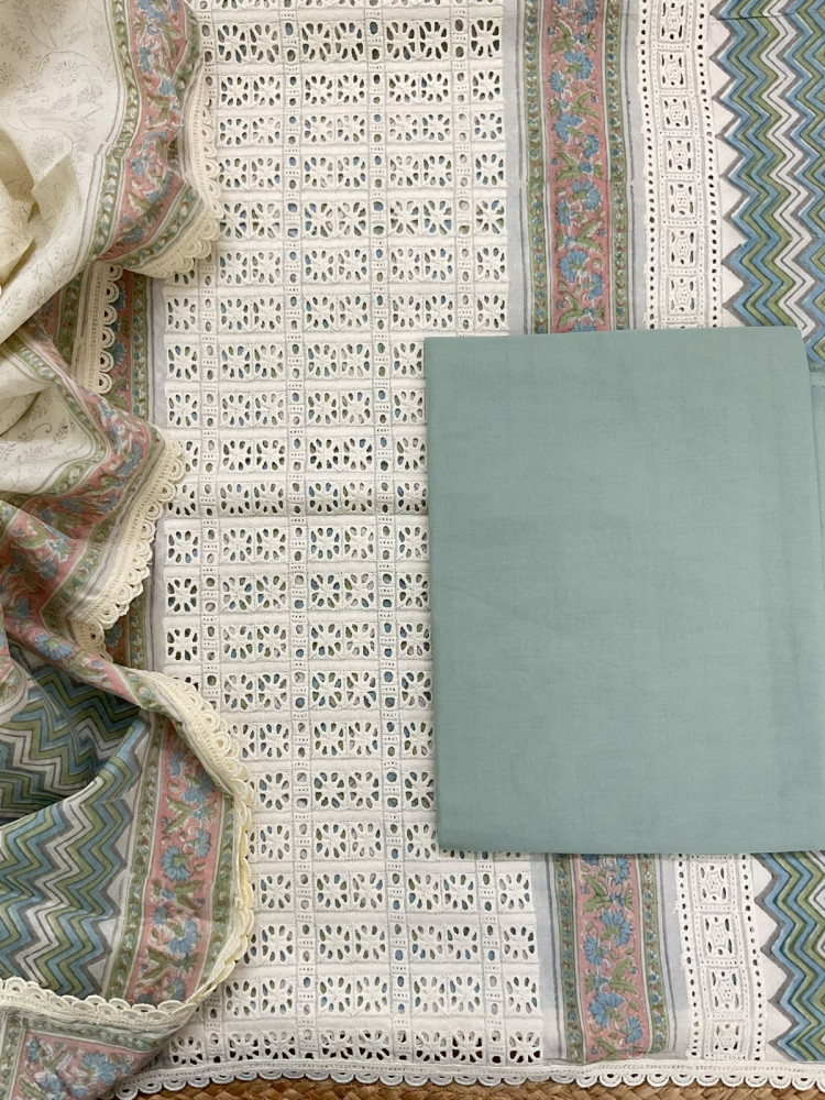 Image of Pure Cotton Printed Embroidered Suit - Cream