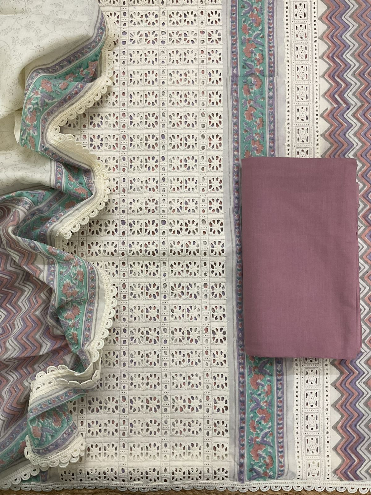 Pure Cotton Printed Embroidered Suit - Cream