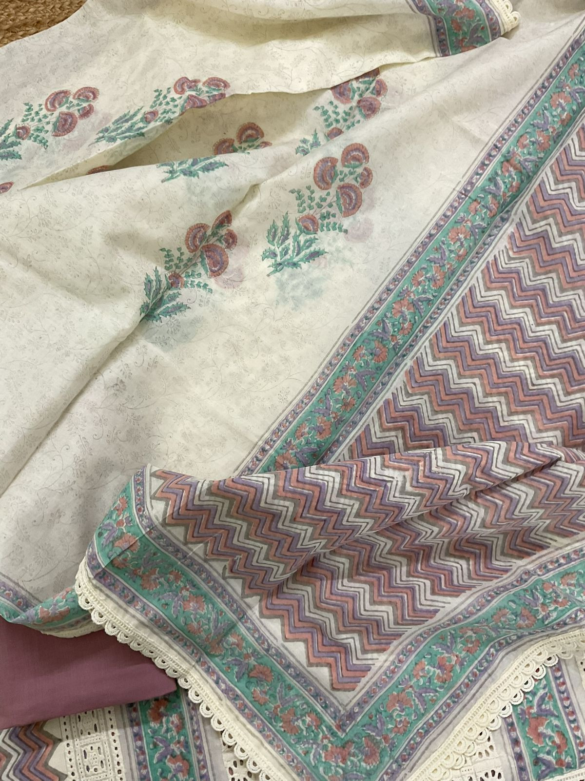 Pure Cotton Printed Embroidered Suit - Cream