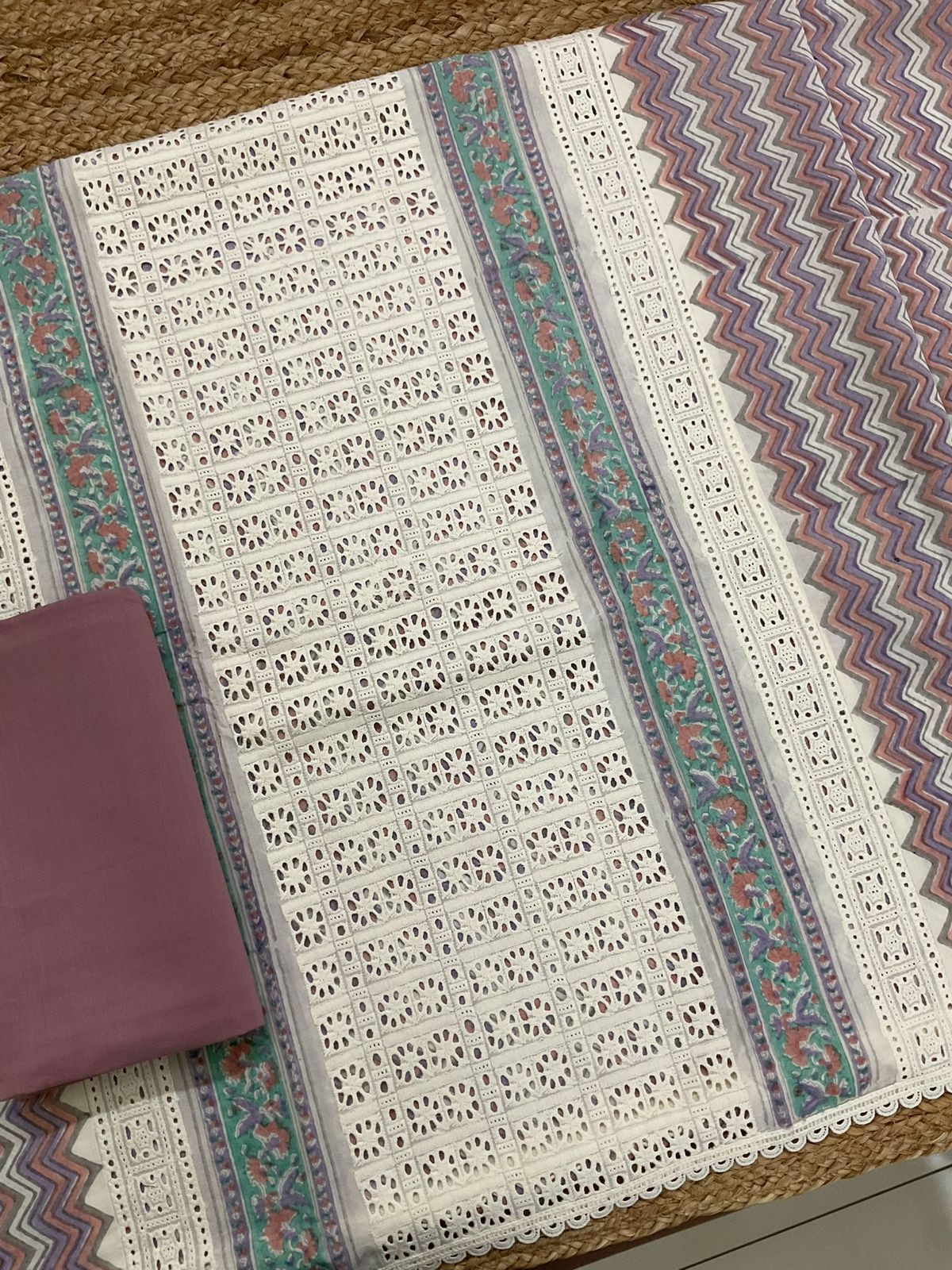 Pure Cotton Printed Embroidered Suit - Cream