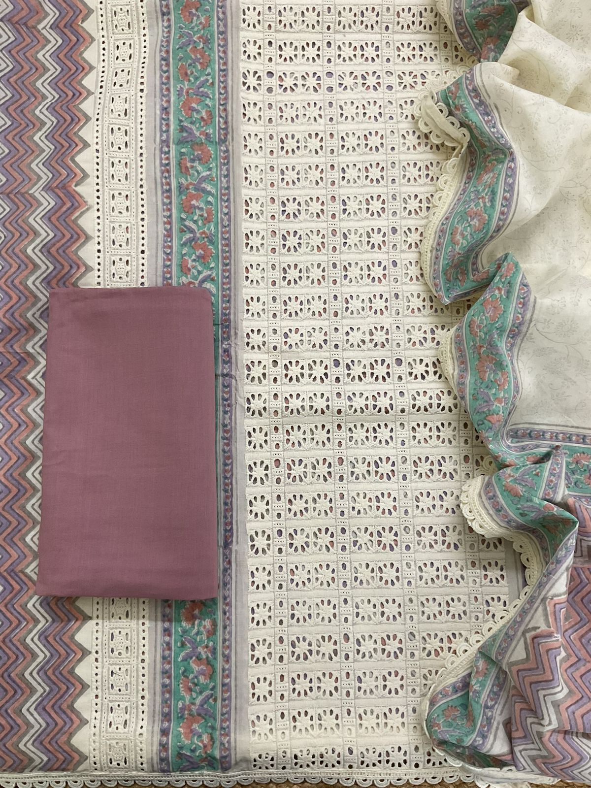 Pure Cotton Printed Embroidered Suit - Cream