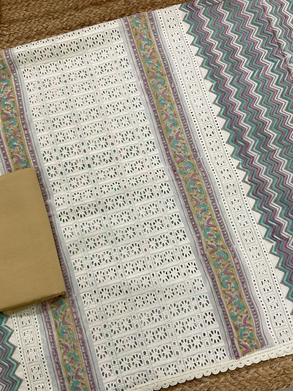 Pure Cotton Printed Embroidered Suit - Cream