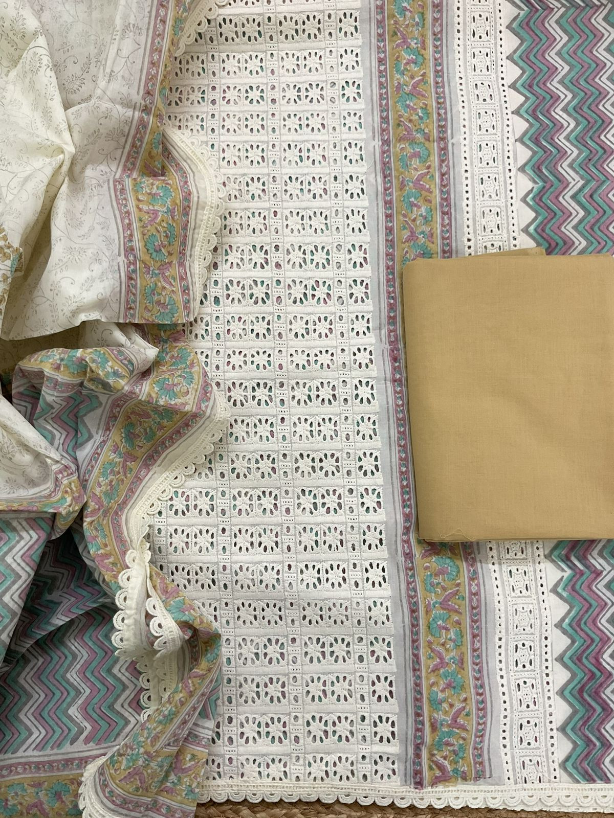 Pure Cotton Printed Embroidered Suit - Cream