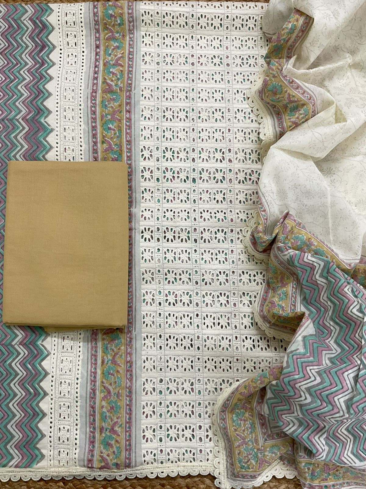 Pure Cotton Printed Embroidered Suit - Cream