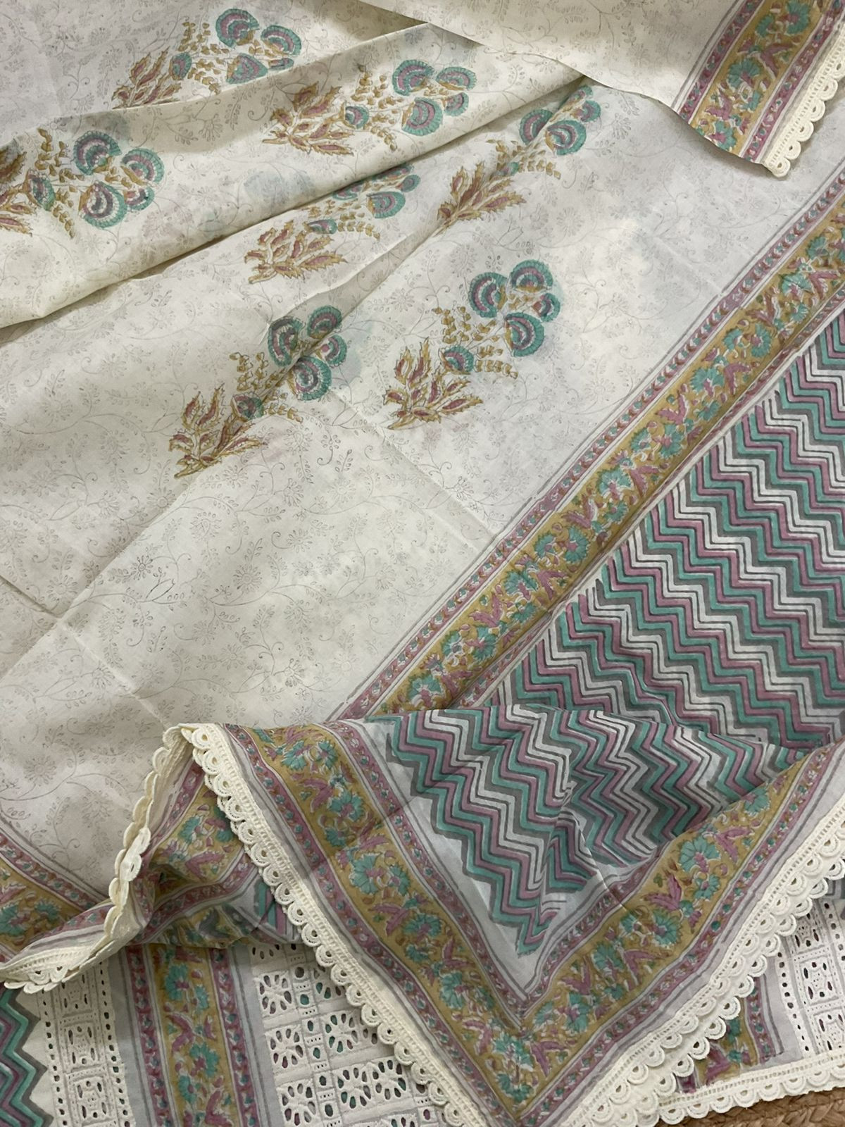Pure Cotton Printed Embroidered Suit - Cream