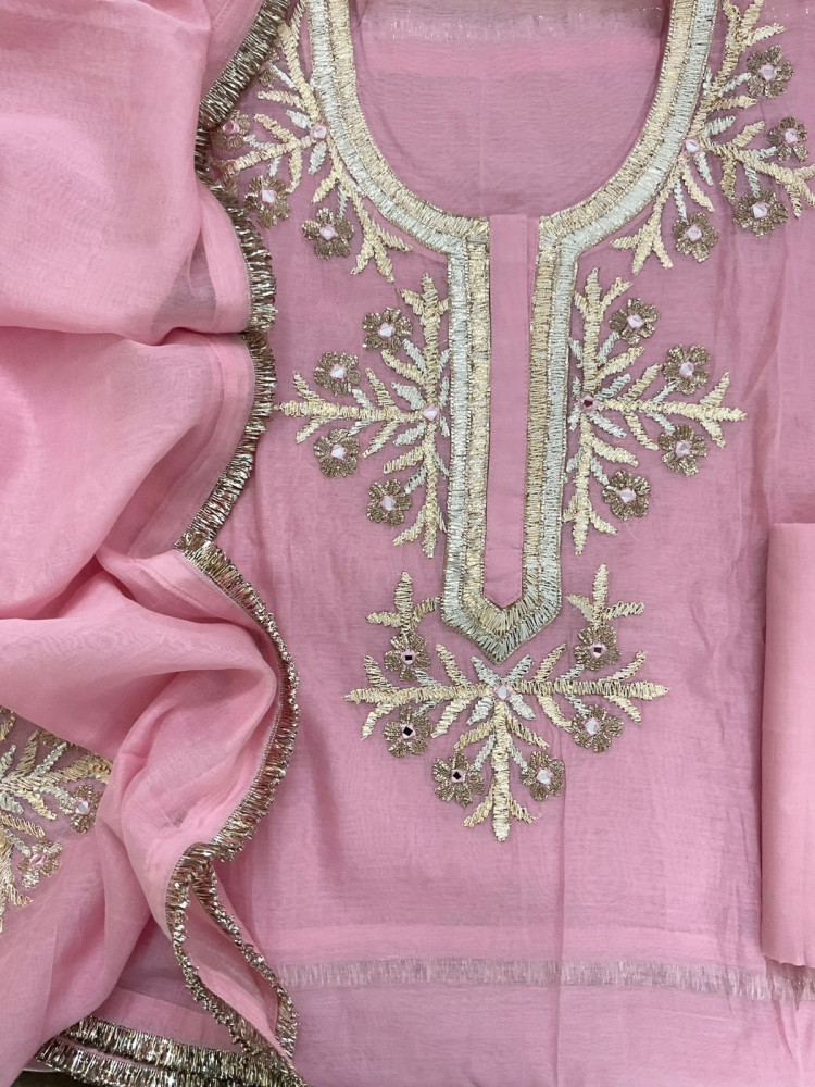Image of Pure Chanderi Embroidered Suit - Pink