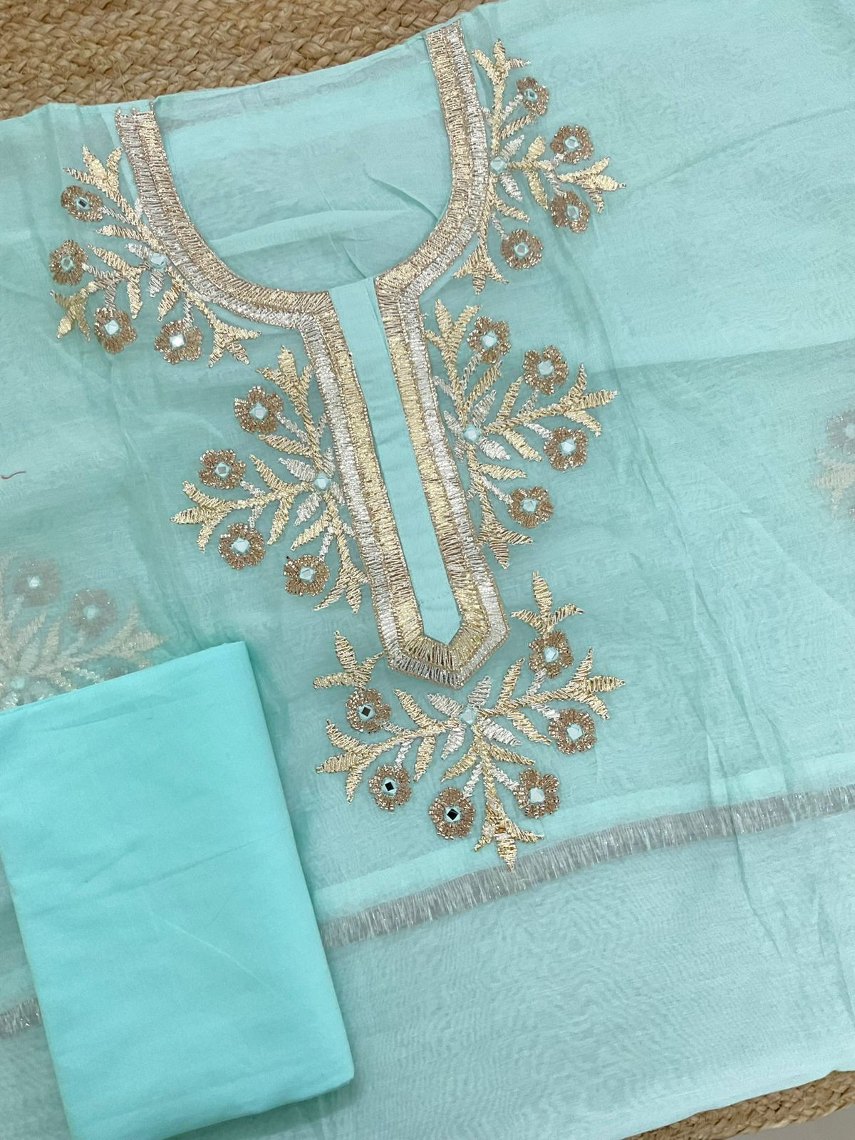 Pure Chanderi Embroidered Suit - Blue