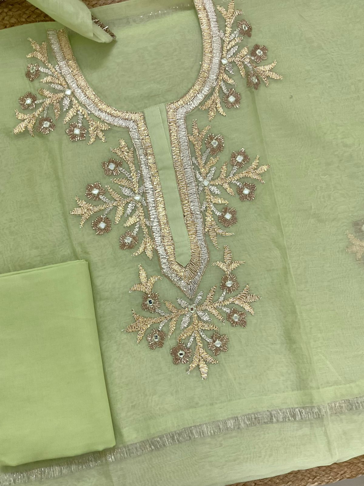 Pure Chanderi Embroidered Suit - Green