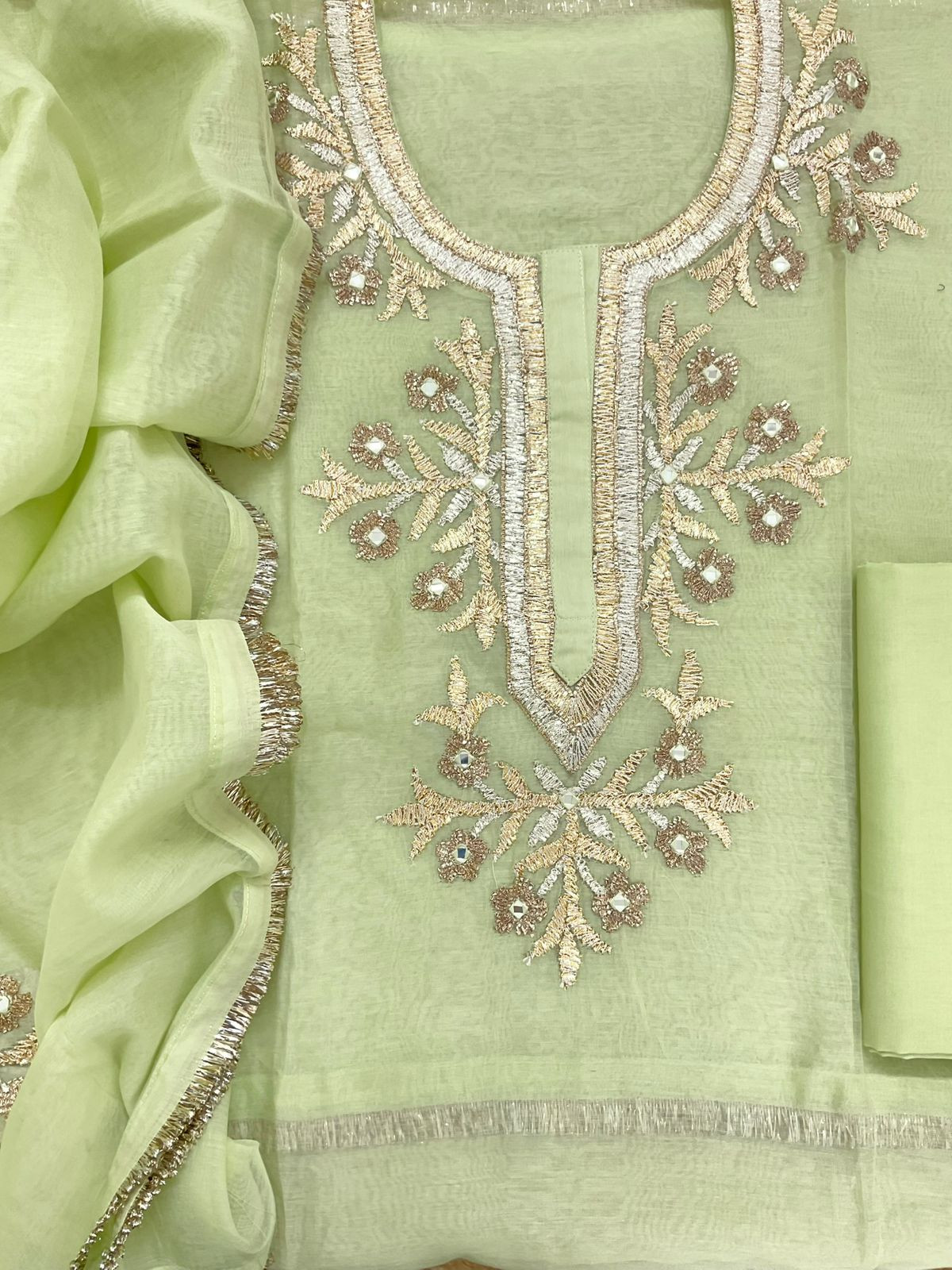 Pure Chanderi Embroidered Suit - Green