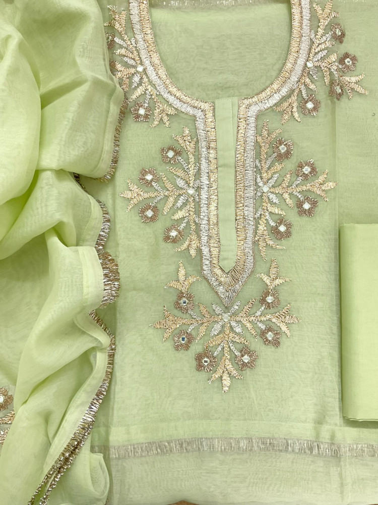 Image of Pure Chanderi Embroidered Suit - Green