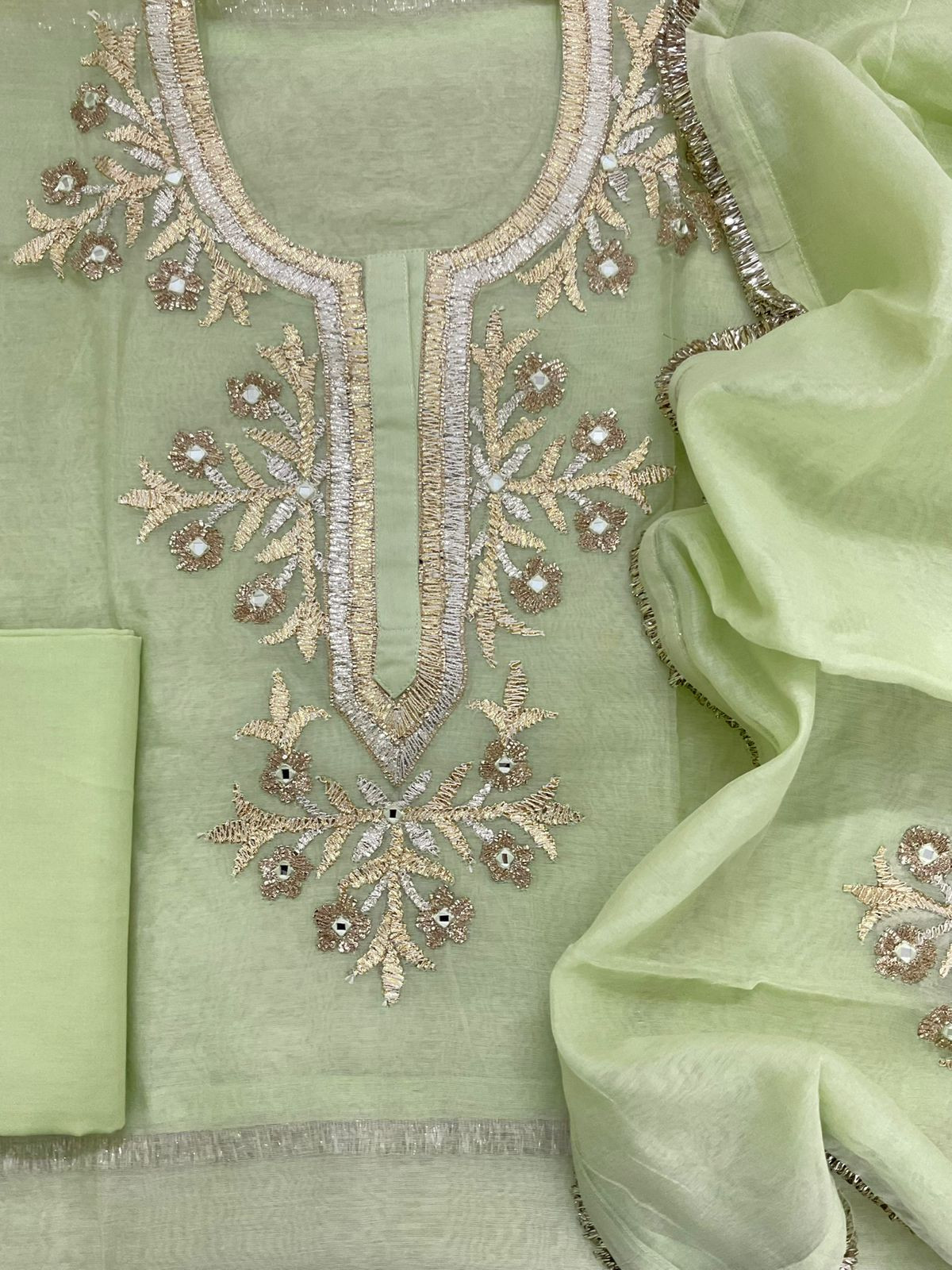 Pure Chanderi Embroidered Suit - Green