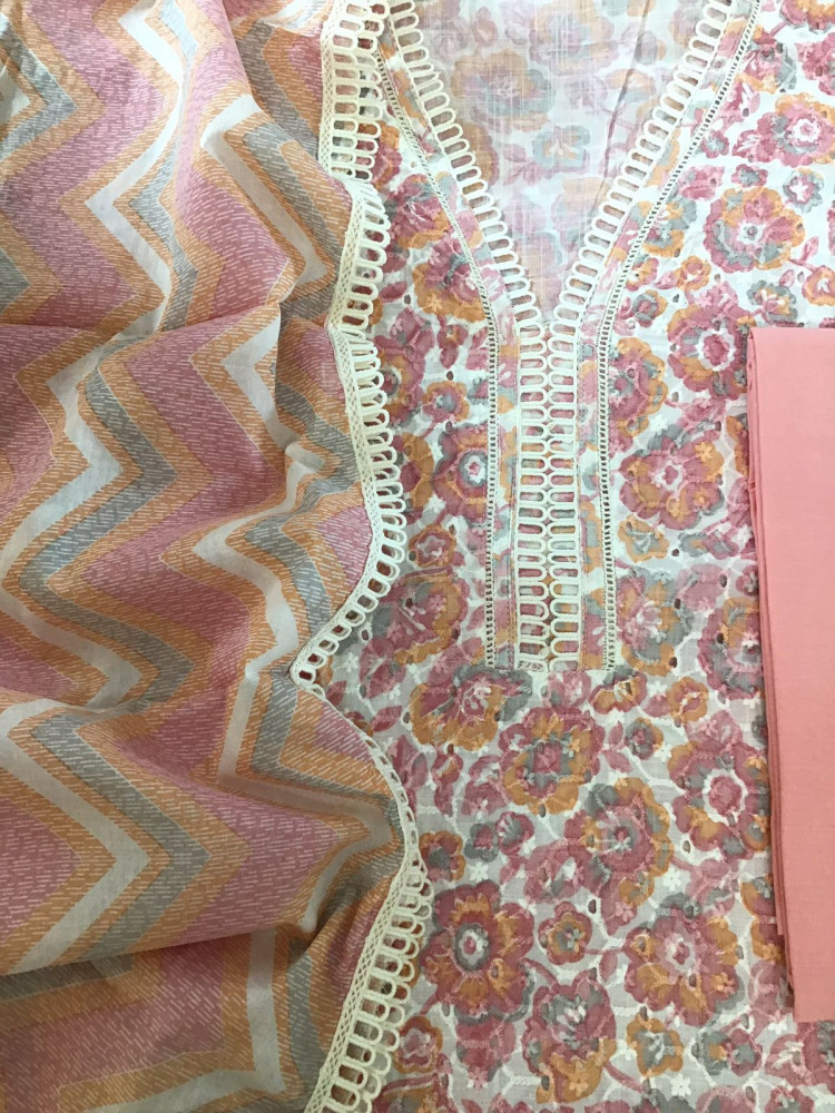 Image of Pure Cotton Printed Hakoba Embroidered Suit - Pink