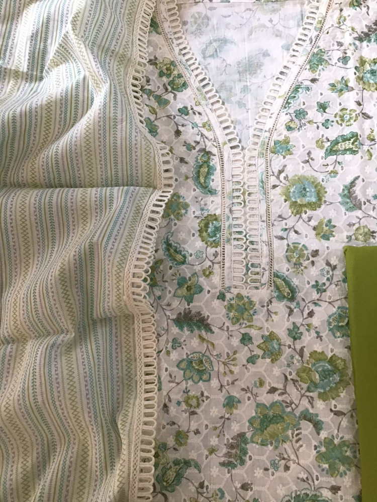 Image of Pure Cotton Printed Hakoba Embroidered Suit - Off White