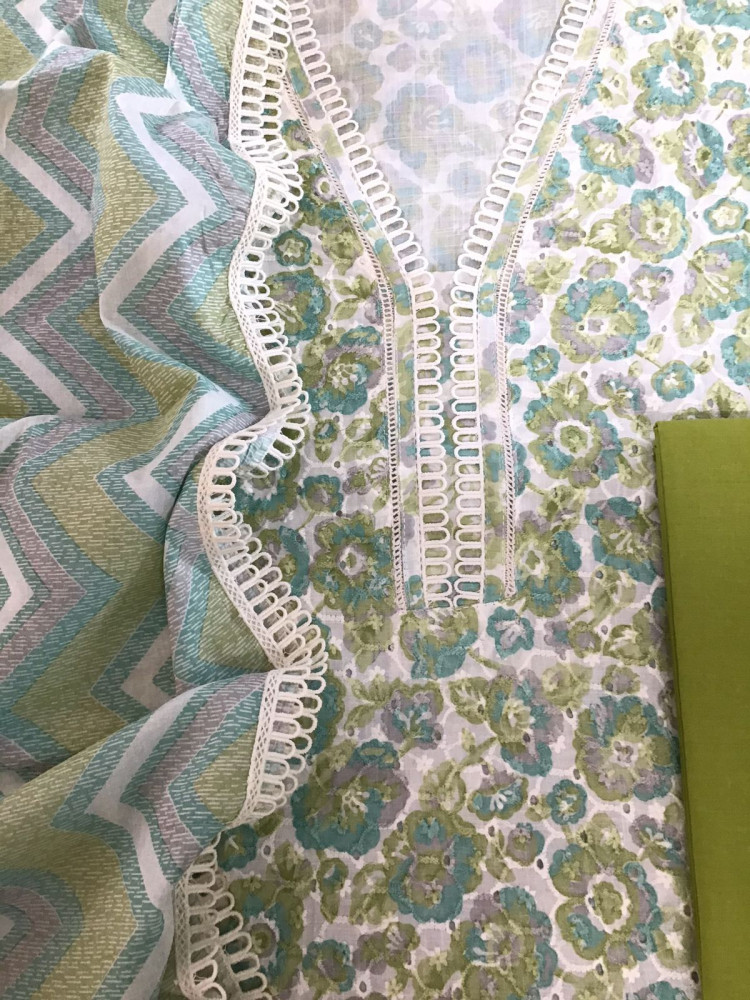 Image of Pure Cotton Printed Hakoba Embroidered Suit - Off White