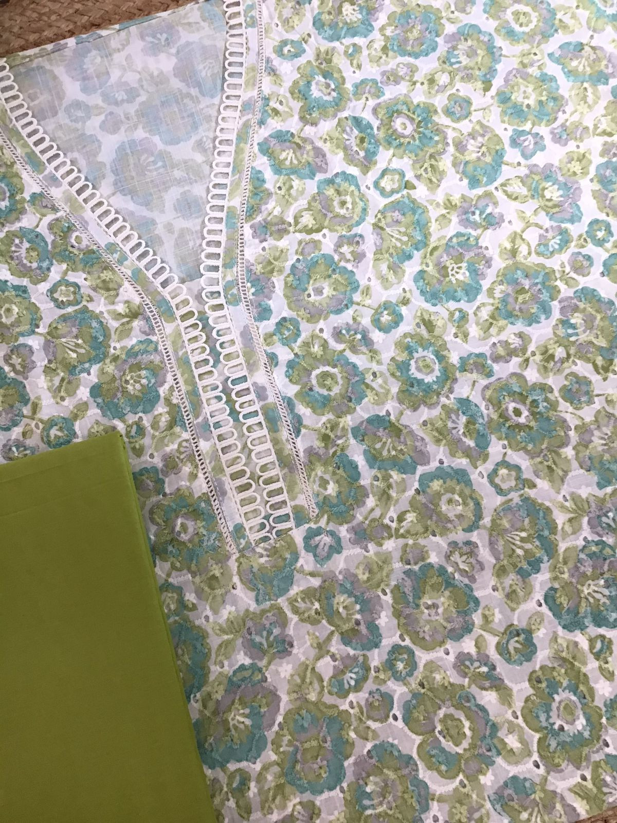 Pure Cotton Printed Hakoba Embroidered Suit - Off White