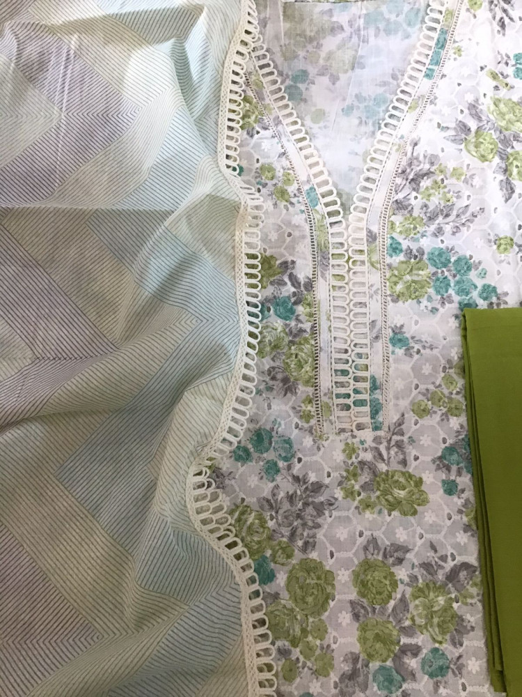 Image of Pure Cotton Printed Hakoba Embroidered Suit - Off White