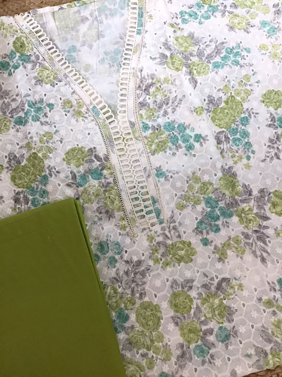 Pure Cotton Printed Hakoba Embroidered Suit - Off White