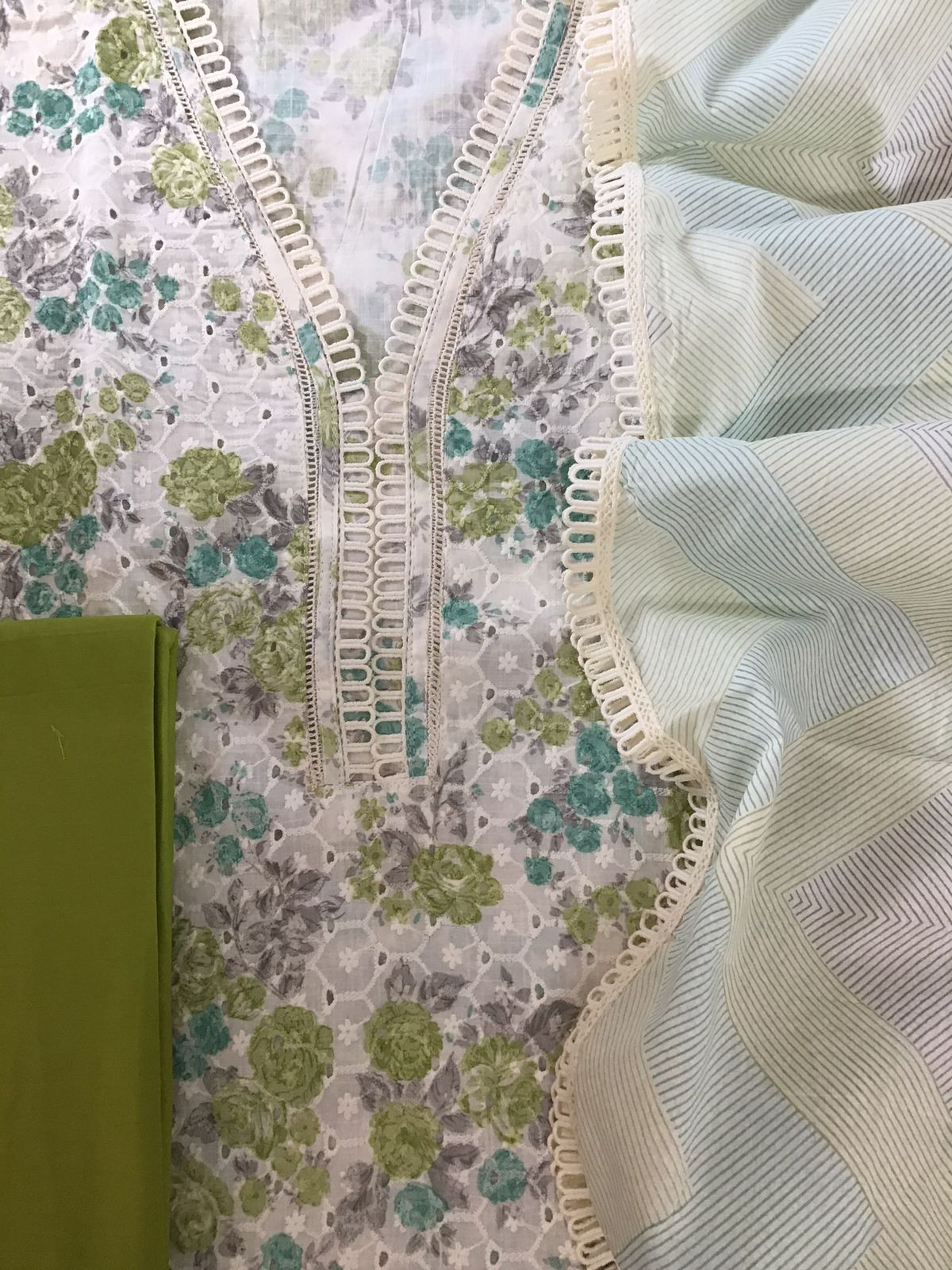 Pure Cotton Printed Hakoba Embroidered Suit - Off White