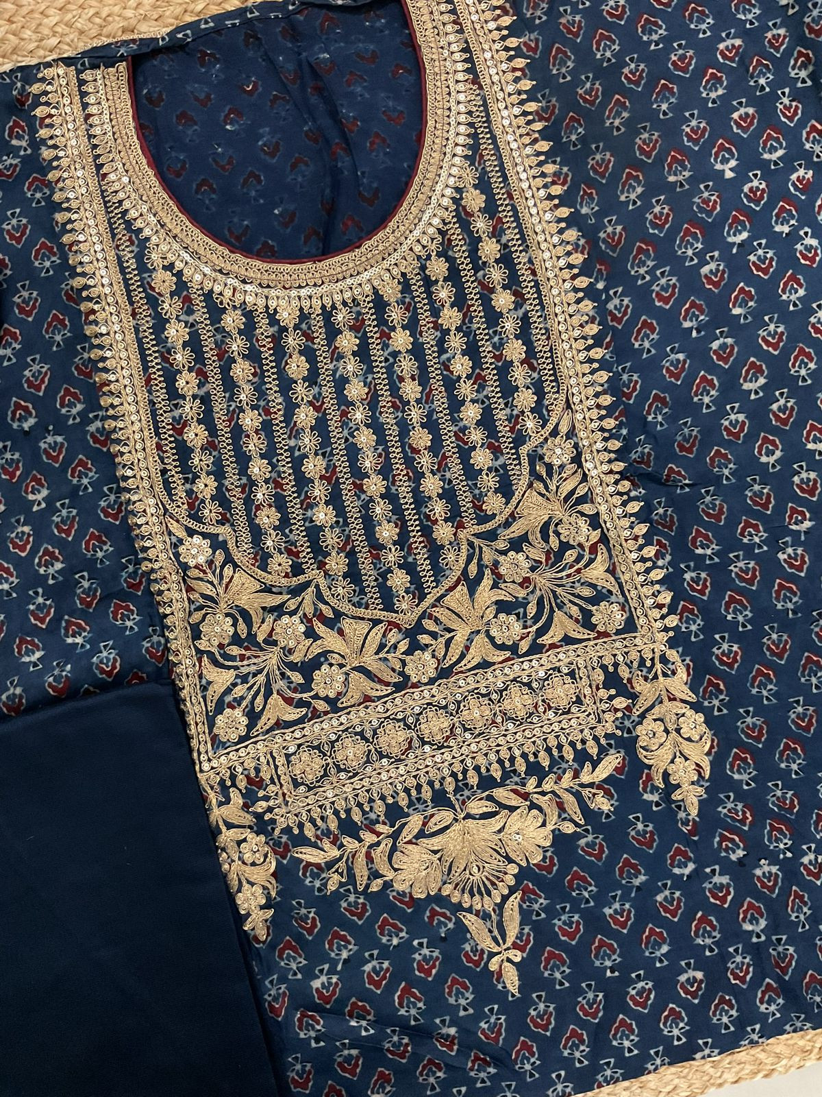 Pure Gajji Silk Ajrakh Printed Embroidered Suit - Blue