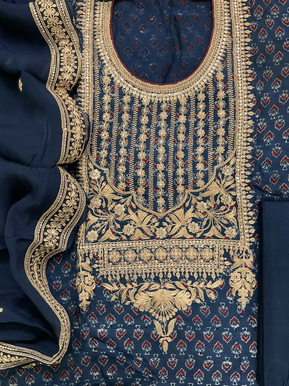 Pure Gajji Silk Ajrakh Printed Embroidered Suit - Blue