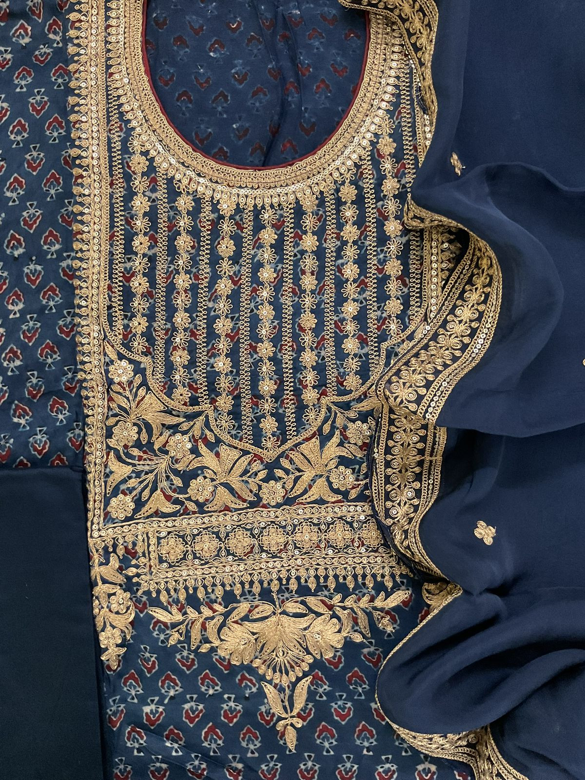 Pure Gajji Silk Ajrakh Printed Embroidered Suit - Blue