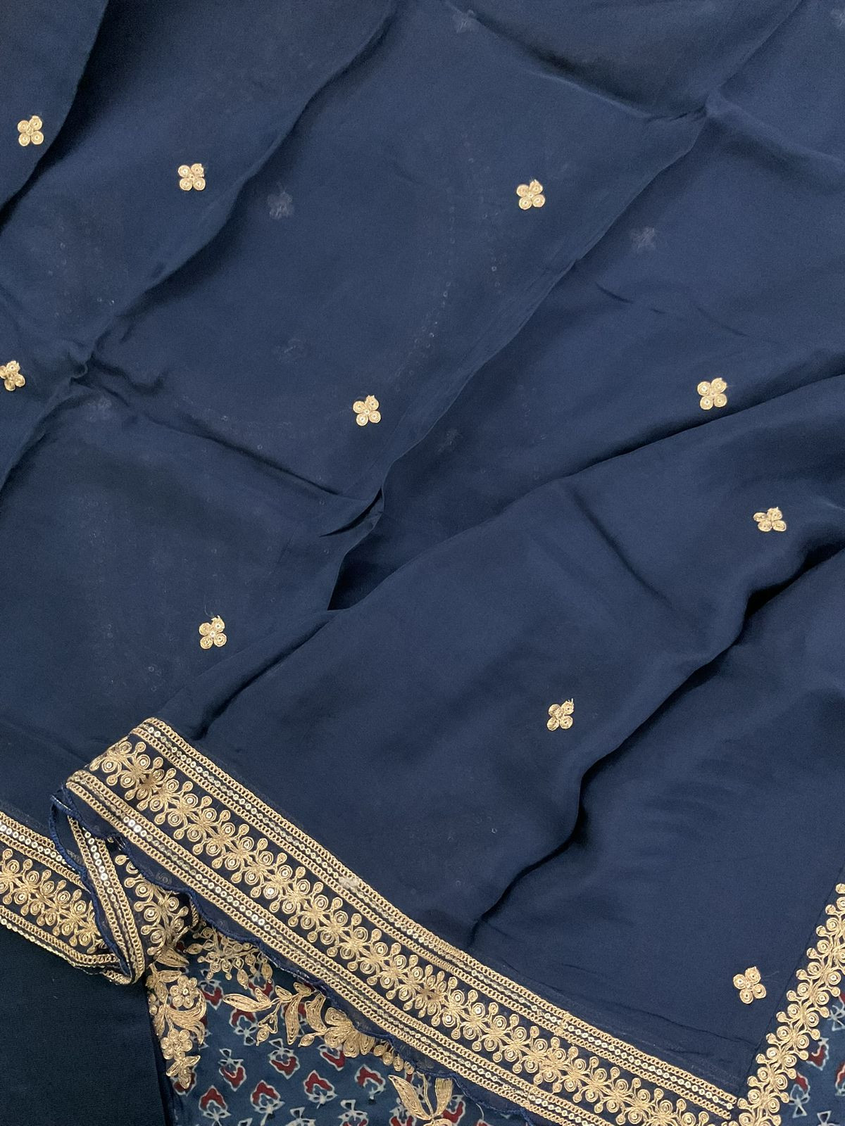 Pure Gajji Silk Ajrakh Printed Embroidered Suit - Blue