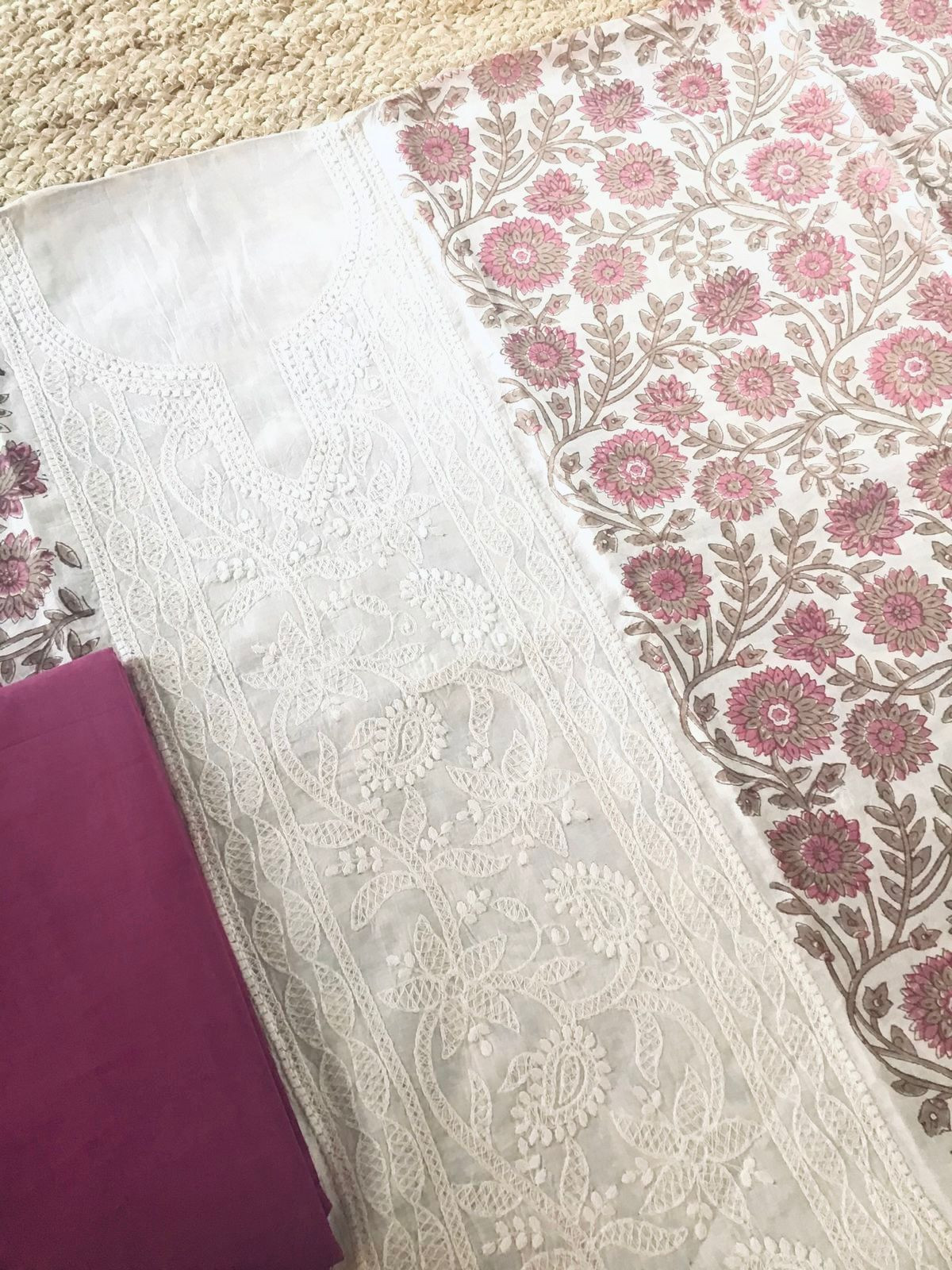 Pure Maheshwari Block Printed Embroidered Suit - Cream