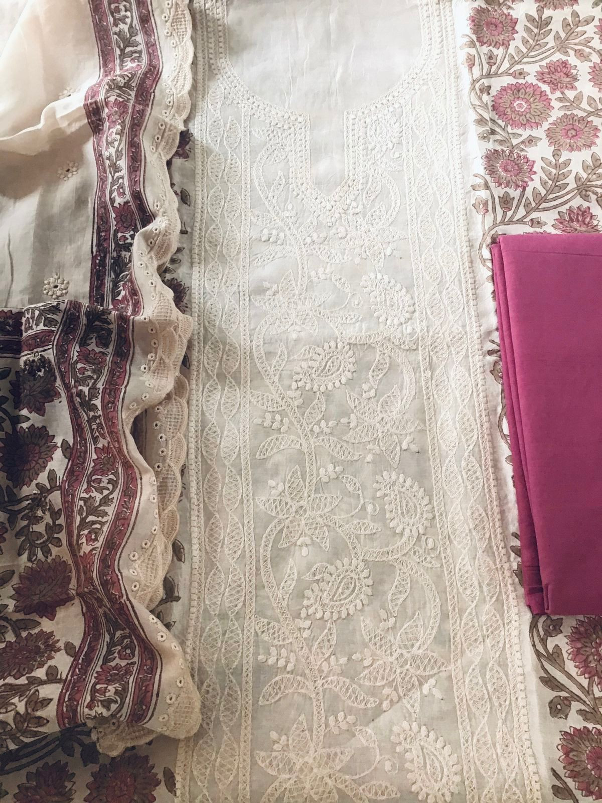 Pure Maheshwari Block Printed Embroidered Suit - Cream