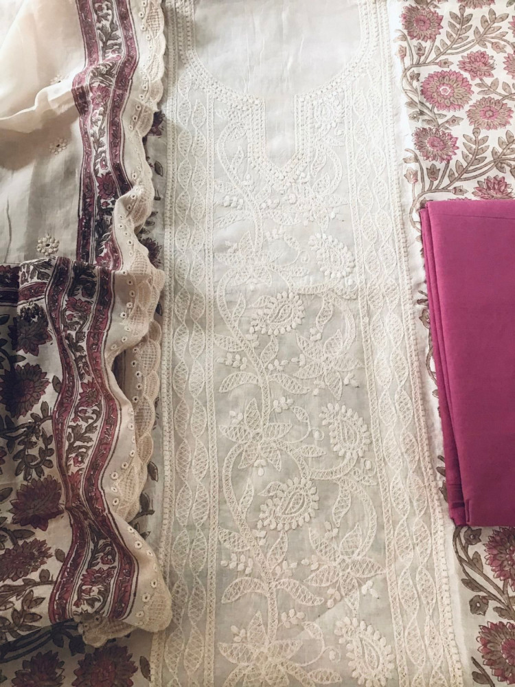 Image of Pure Maheshwari Block Printed Embroidered Suit - Cream